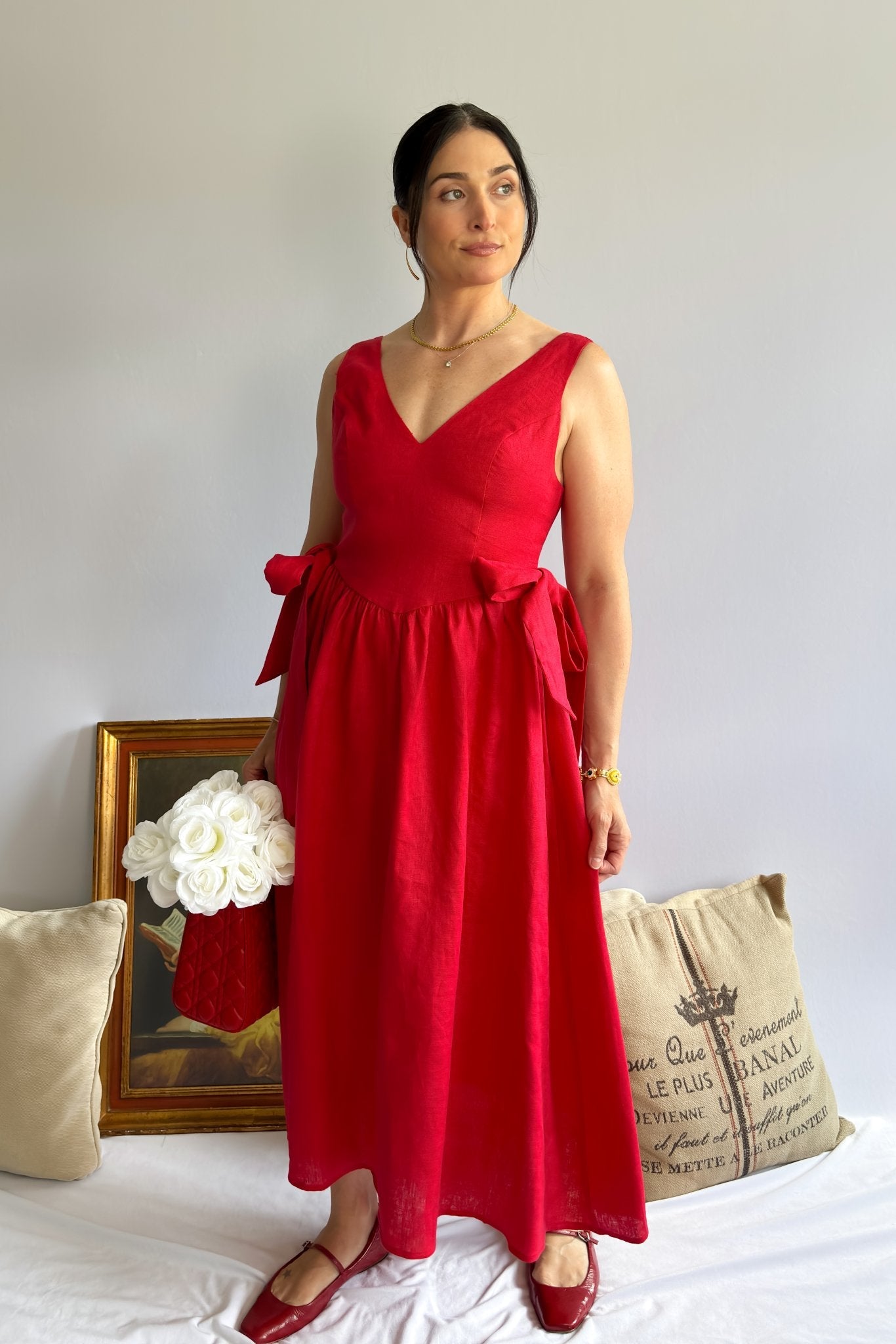 French Stereotype Outfit | Red Linen Midi Dress - Women's Dresses - Blooming Daily
