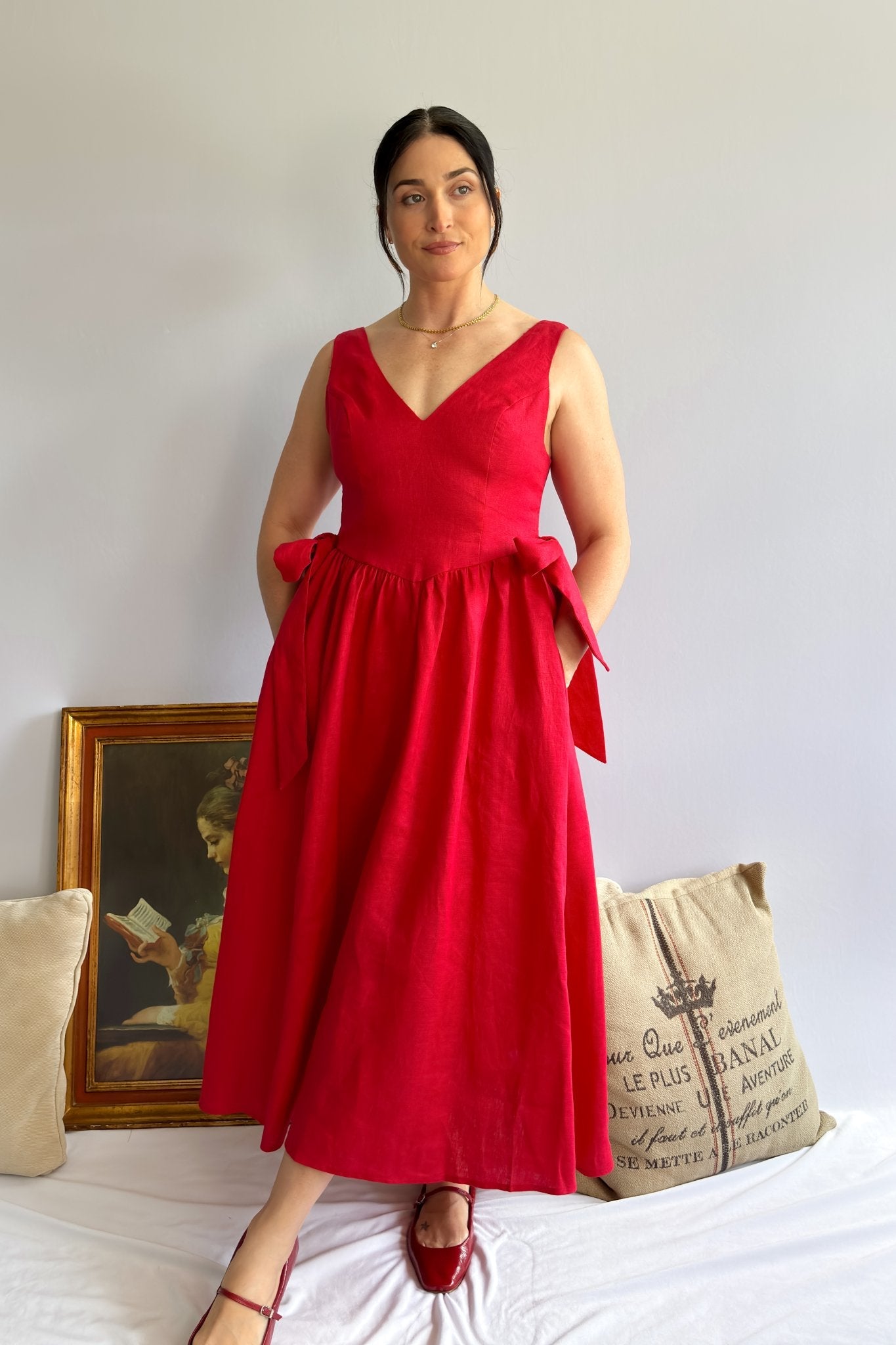 French Stereotype Outfit Red Linen Midi Dress