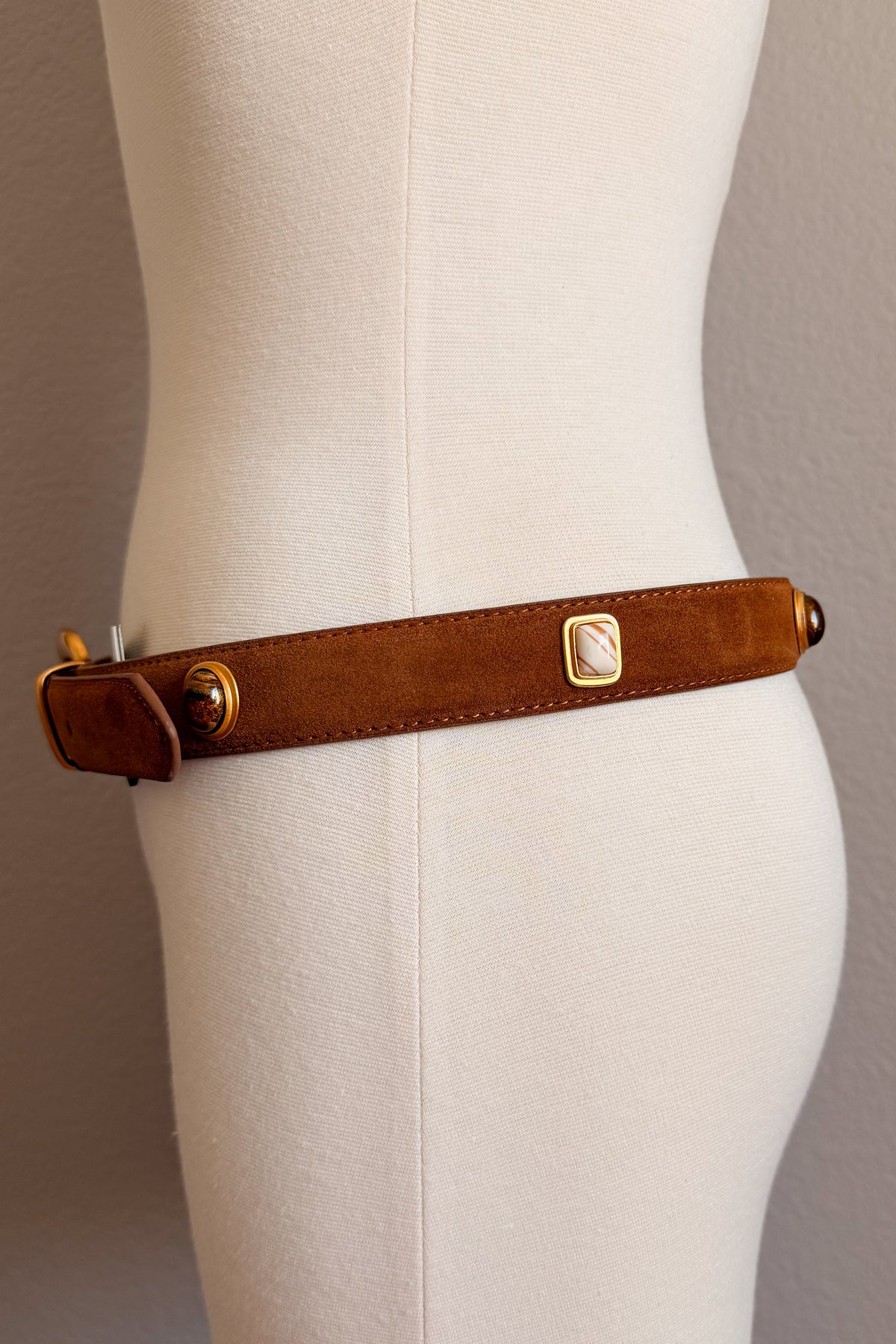 Genuine suede belt with gold buckle and gemstone detailing