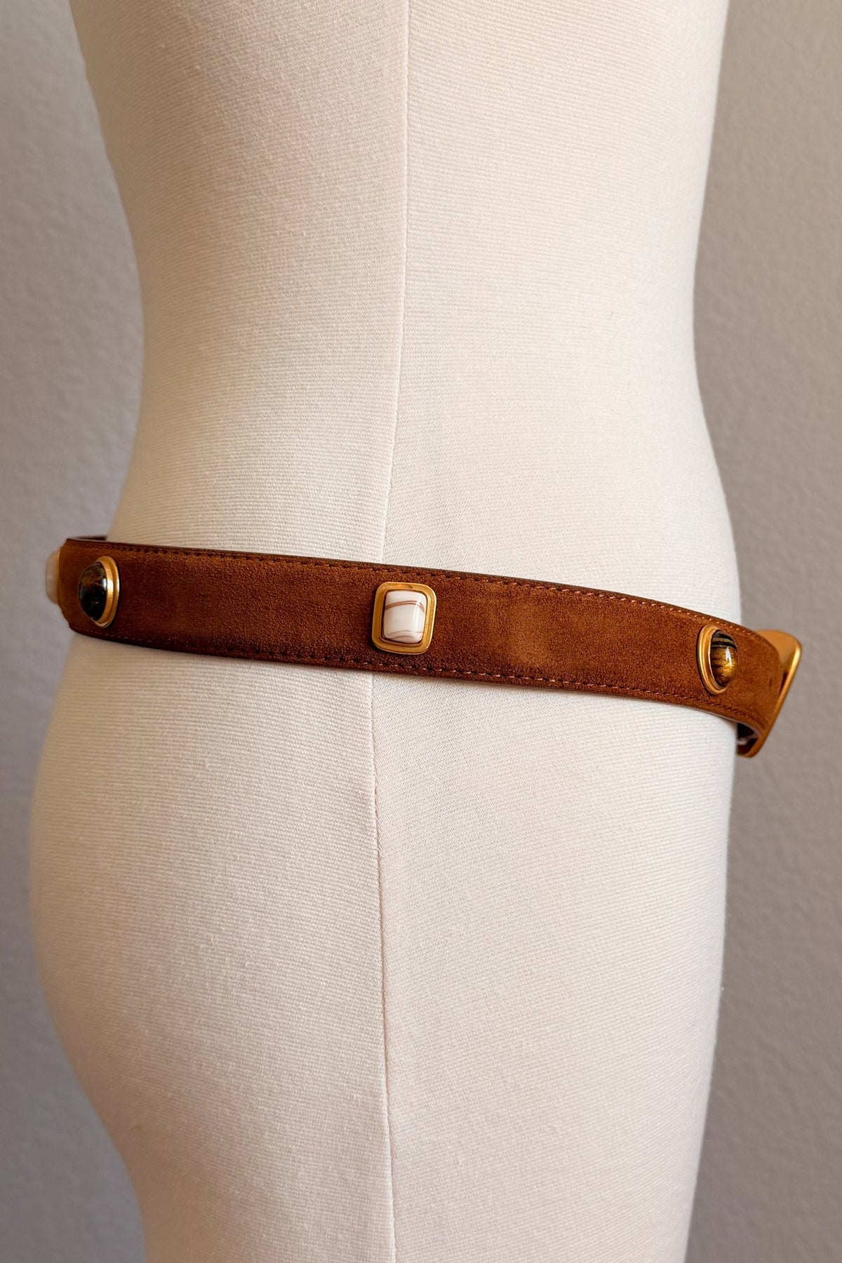 Women's suede leather belt with mixed gemstone accents