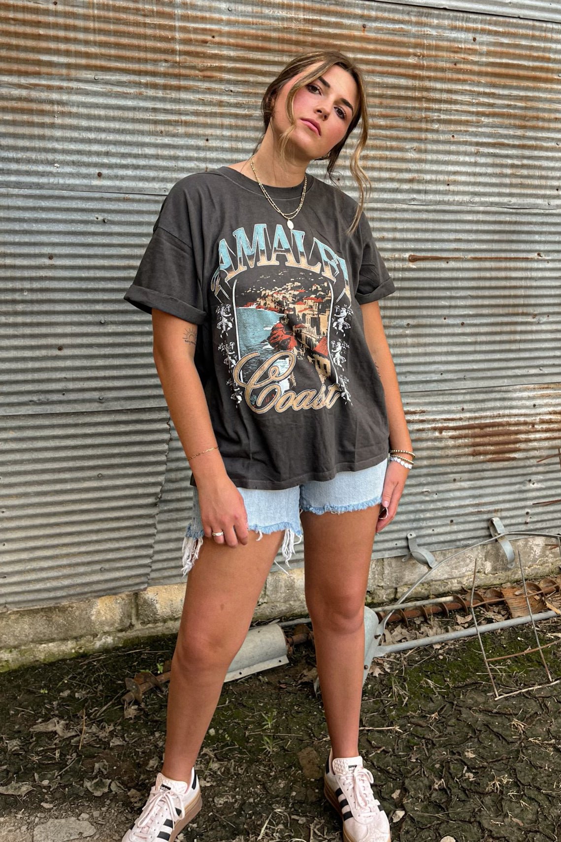 Girl Dangerous | Amalfi Coast Graphic T - Shirt | Boyfriend Fit | Vintage Black - Women's Shirts & Tops - Blooming Daily