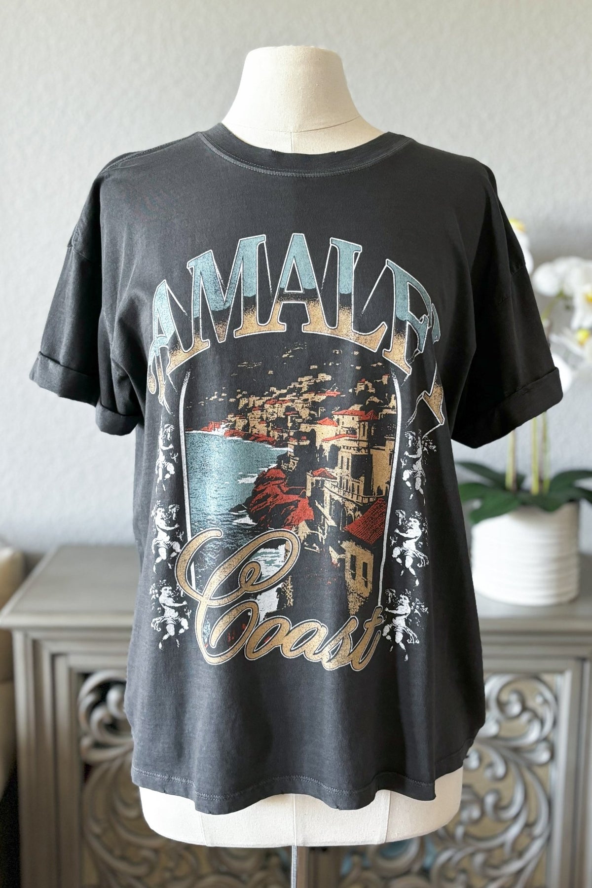 Girl Dangerous | Amalfi Coast Graphic T-Shirt | Boyfriend Fit | Vintage Black - Women&#39;s Shirts &amp; Tops - Blooming Daily