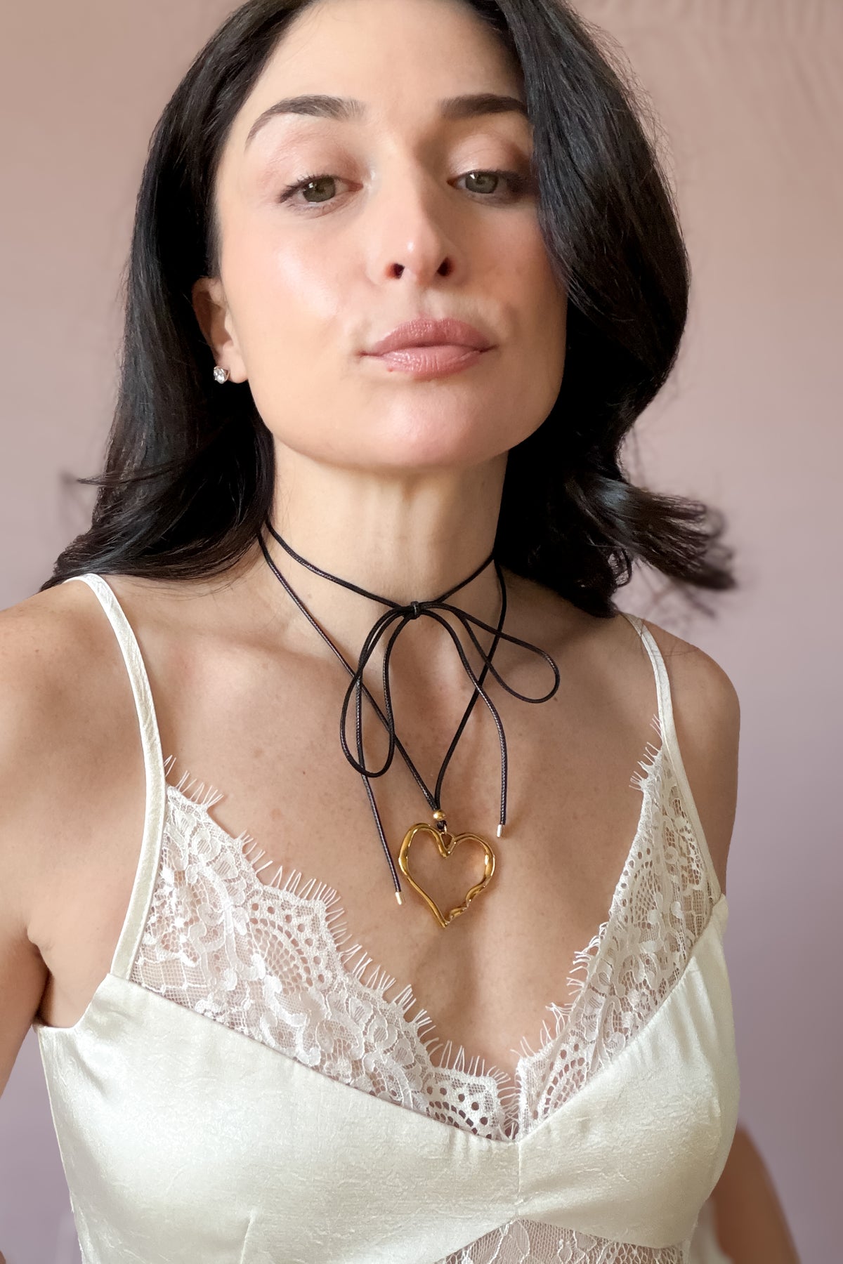 LAST ONE Gold Open Heart Pendant Black Cord Choker Necklace