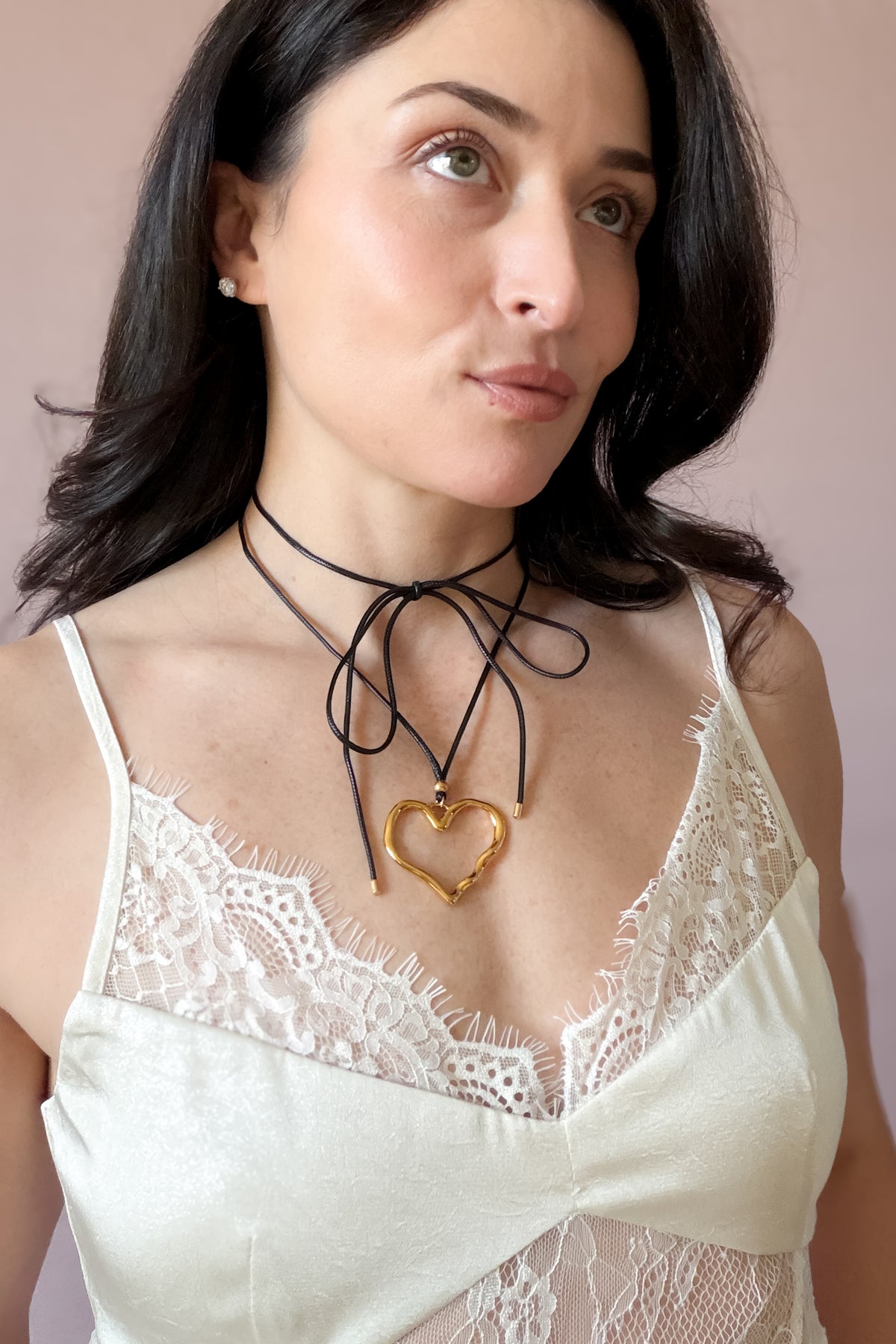 LAST ONE Gold Open Heart Pendant Black Cord Choker Necklace