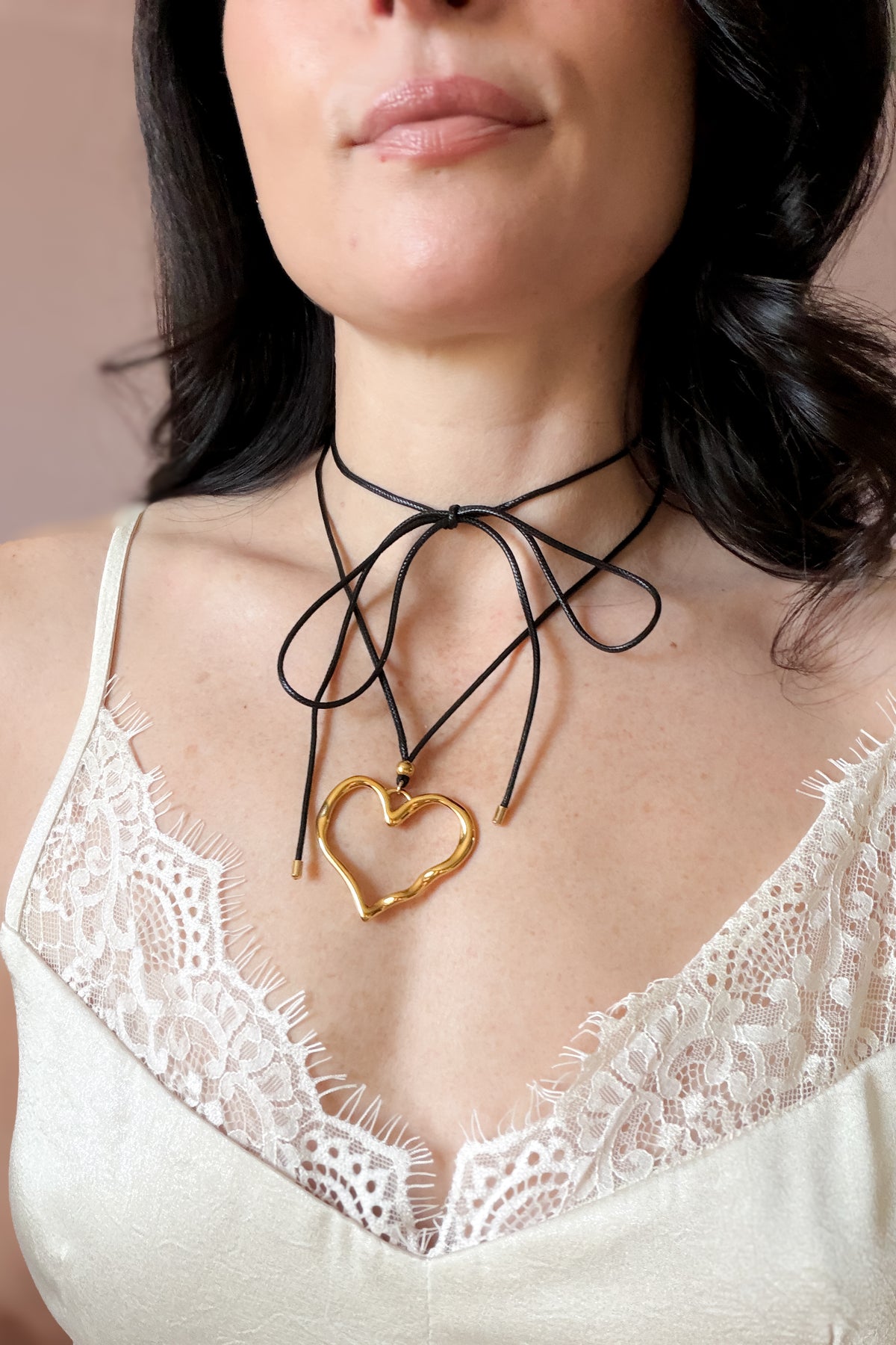 LAST ONE Gold Open Heart Pendant Black Cord Choker Necklace
