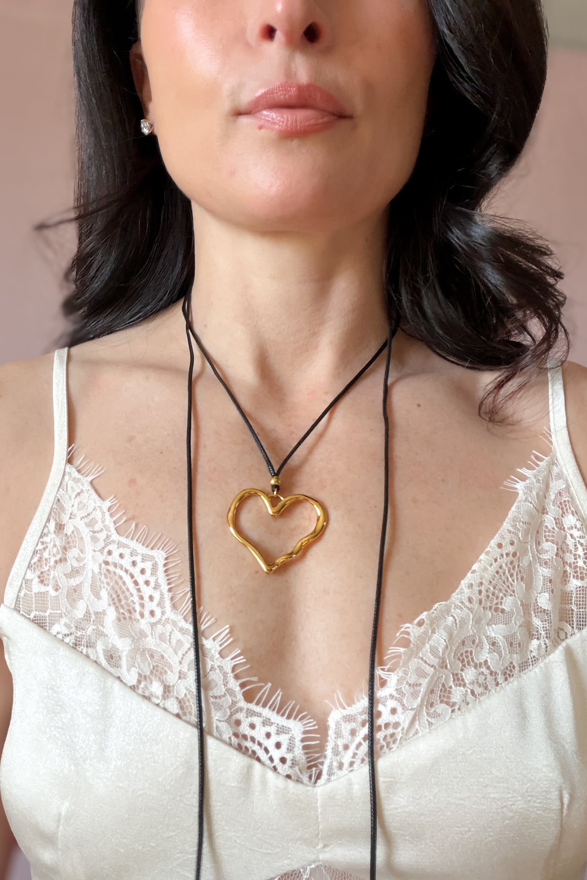 LAST ONE Gold Open Heart Pendant Black Cord Choker Necklace