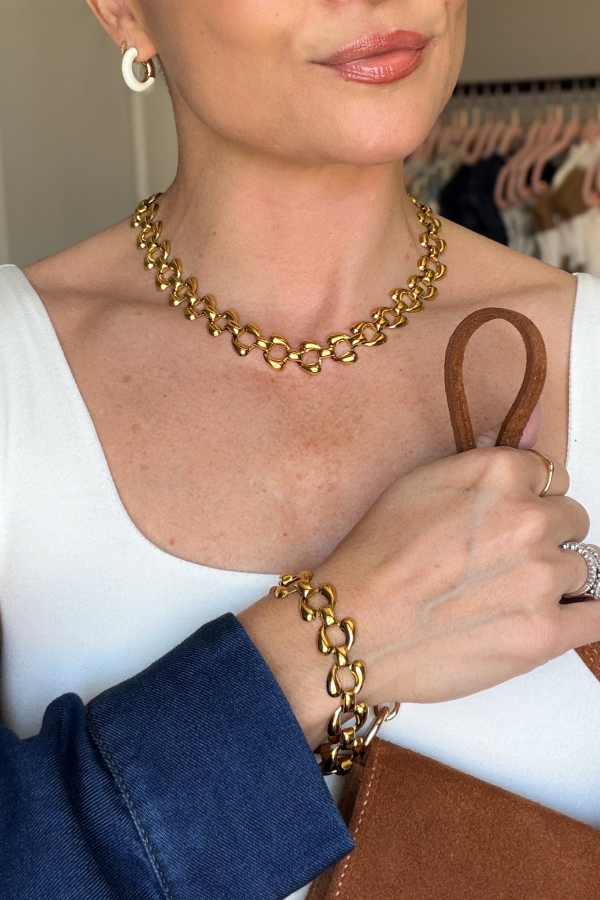 Gold Sculptural Link Necklace & Bracelet Set - Women's Jewelry - Blooming Daily