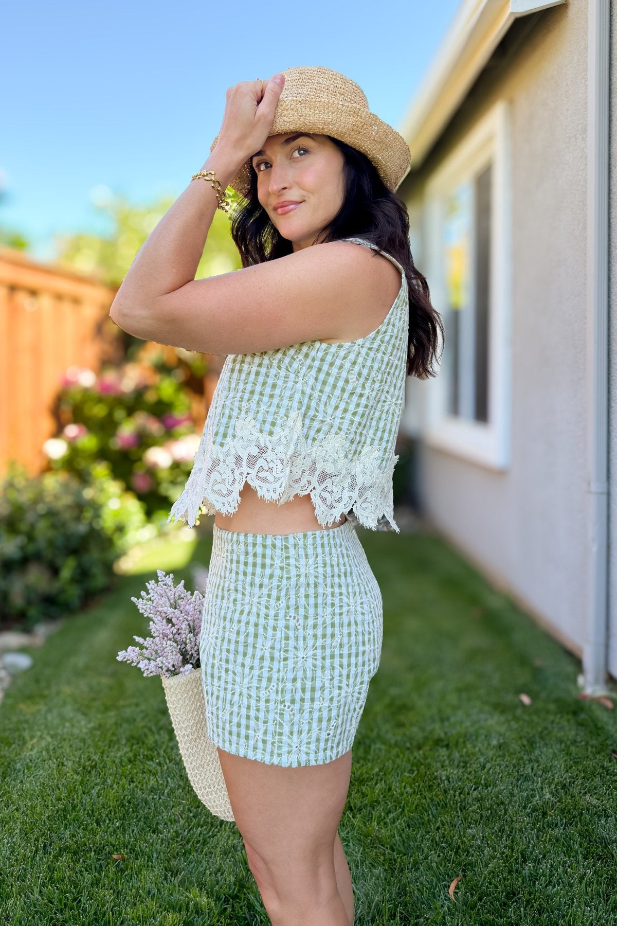 Green & Blue Gingham Lace Trim Top - Women's Shirts & Tops - Blooming Daily