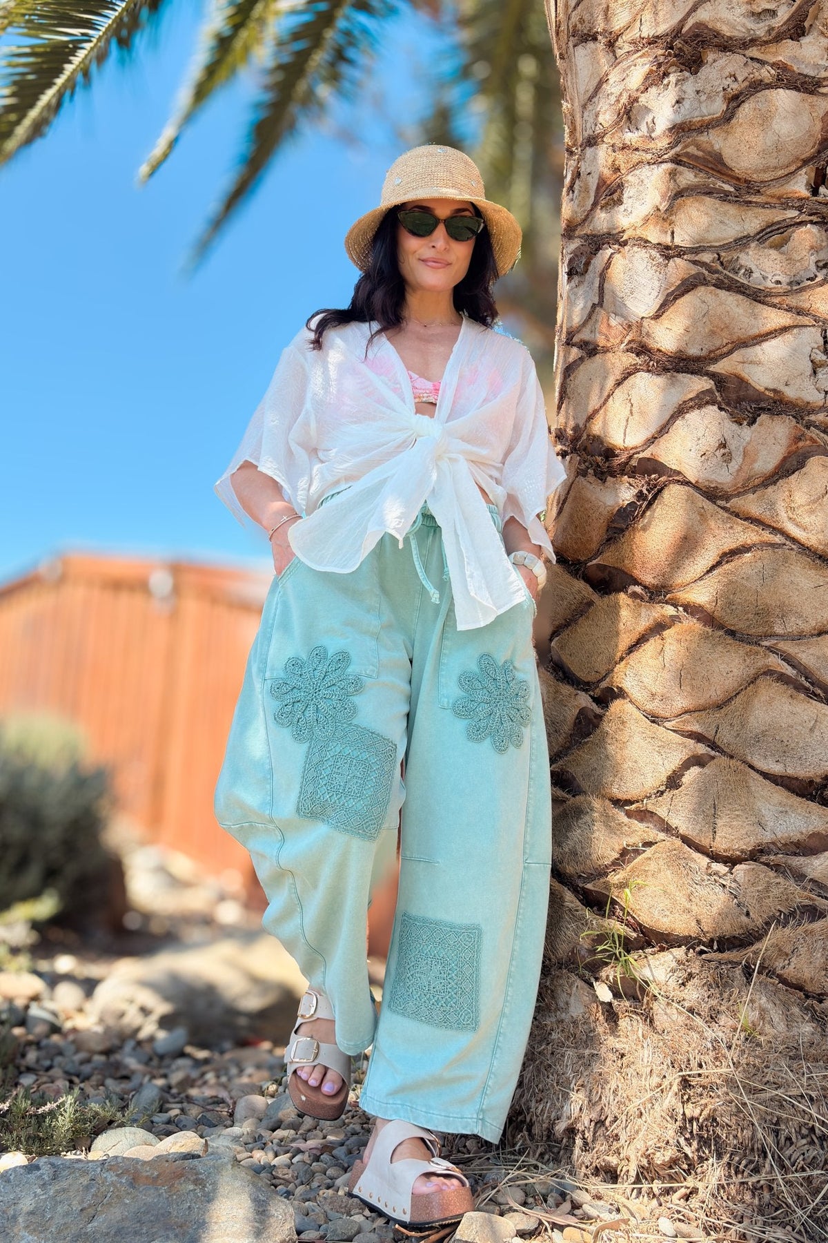 Green Mineral Wash Barrel Leg Pants - Women's Pants - Blooming Daily