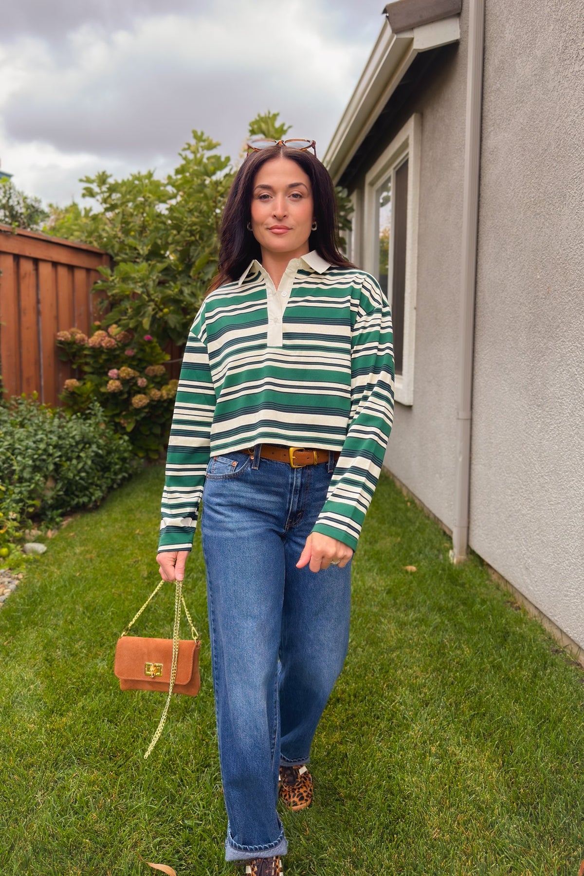 Women’s striped rugby shirt in green navy and ivory with 90s preppy styling