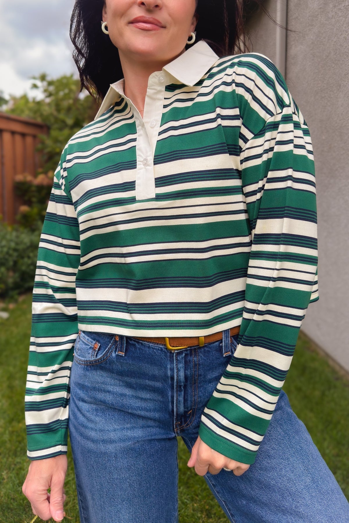 Cropped green and navy rugby shirt with classic ivory stripes and relaxed fit