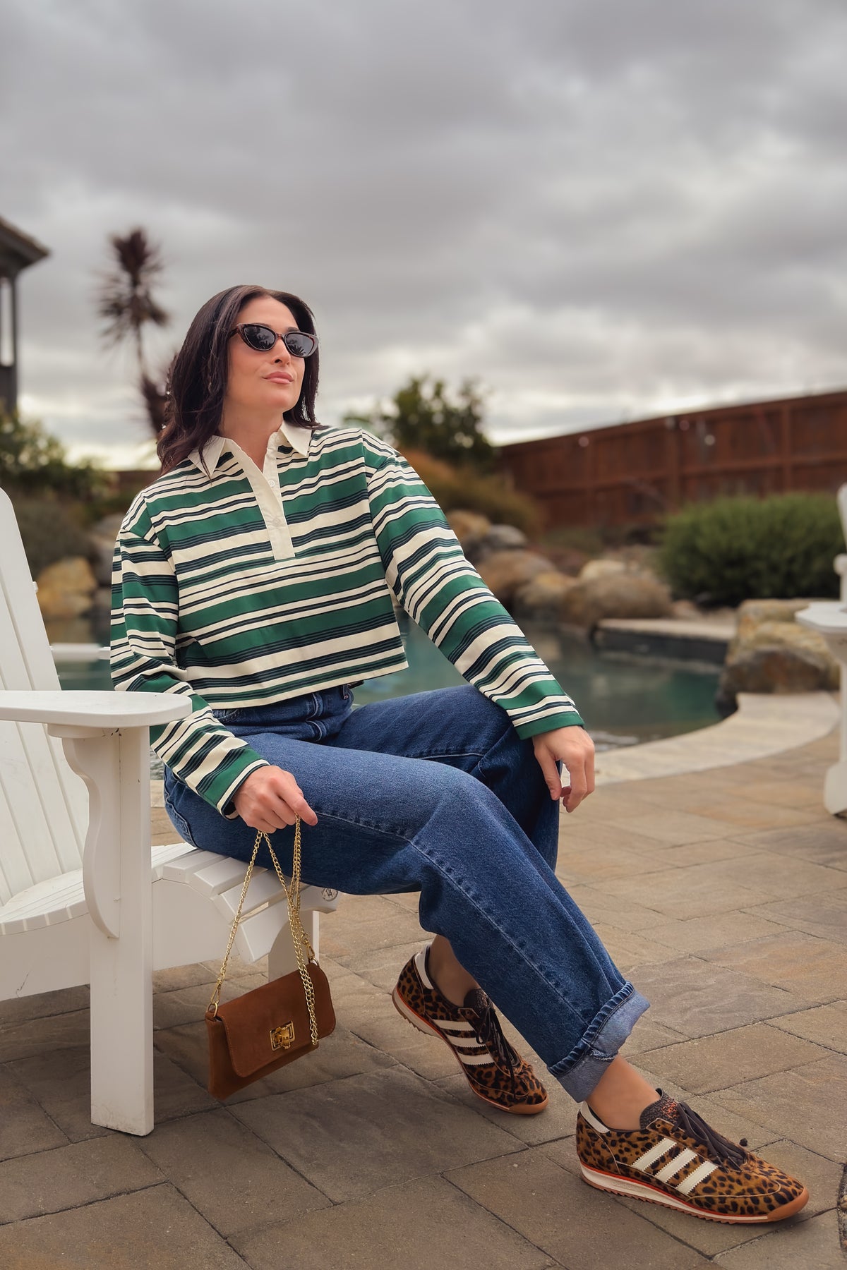Green navy and ivory striped long sleeve rugby polo shirt with cropped boxy fit