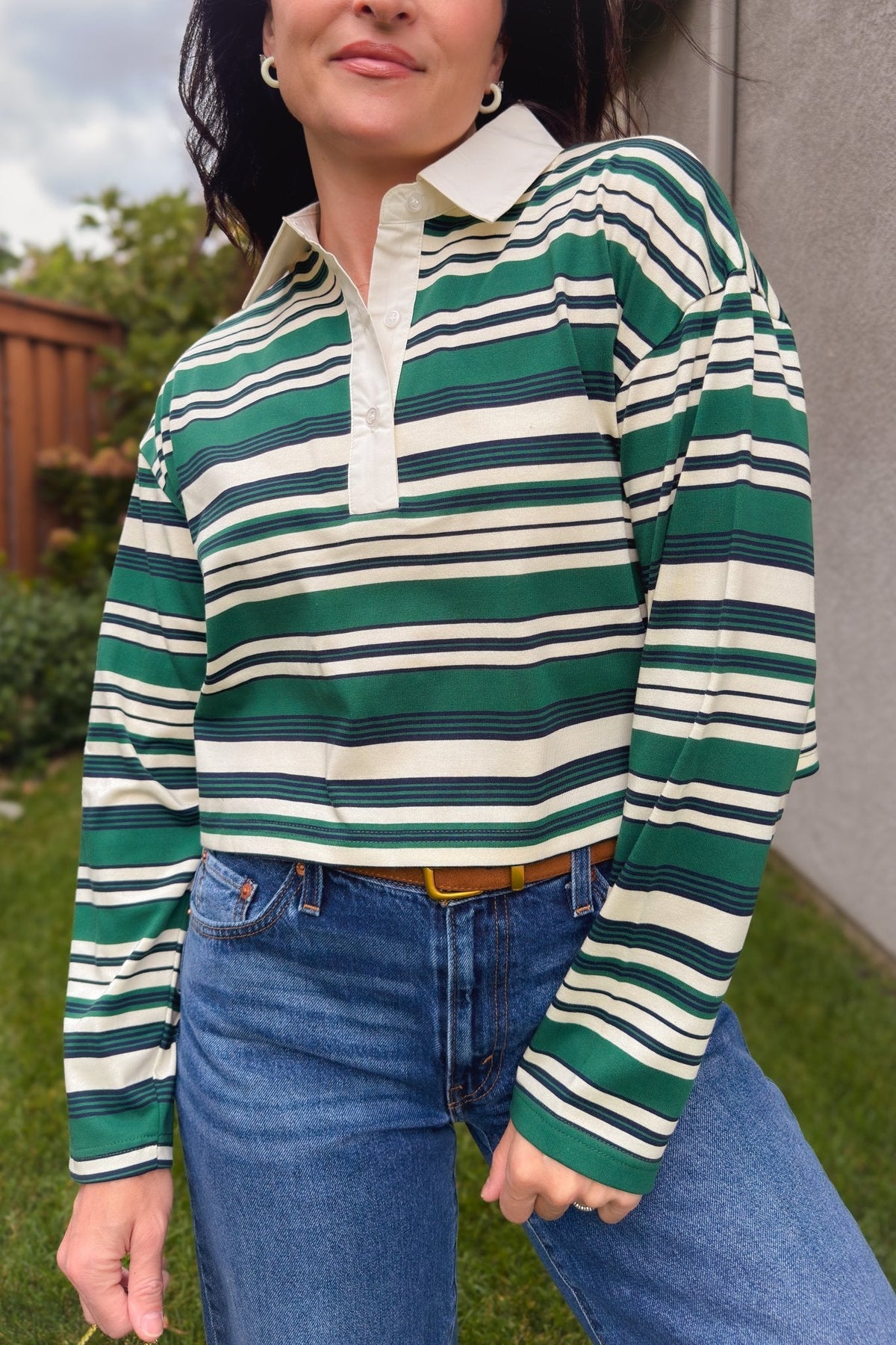 Cropped green and navy rugby shirt with classic ivory stripes and relaxed fit