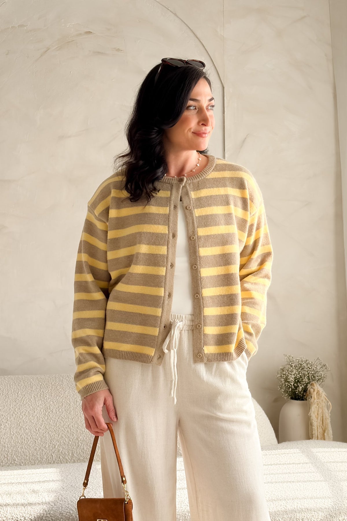 Women’s Yellow Stripe Knit Cardigan – Taupe