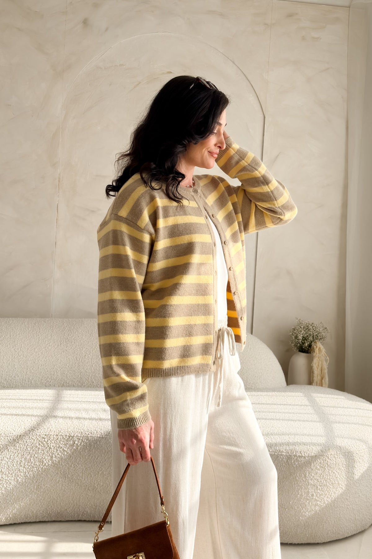 Women’s Yellow Stripe Knit Cardigan – Taupe