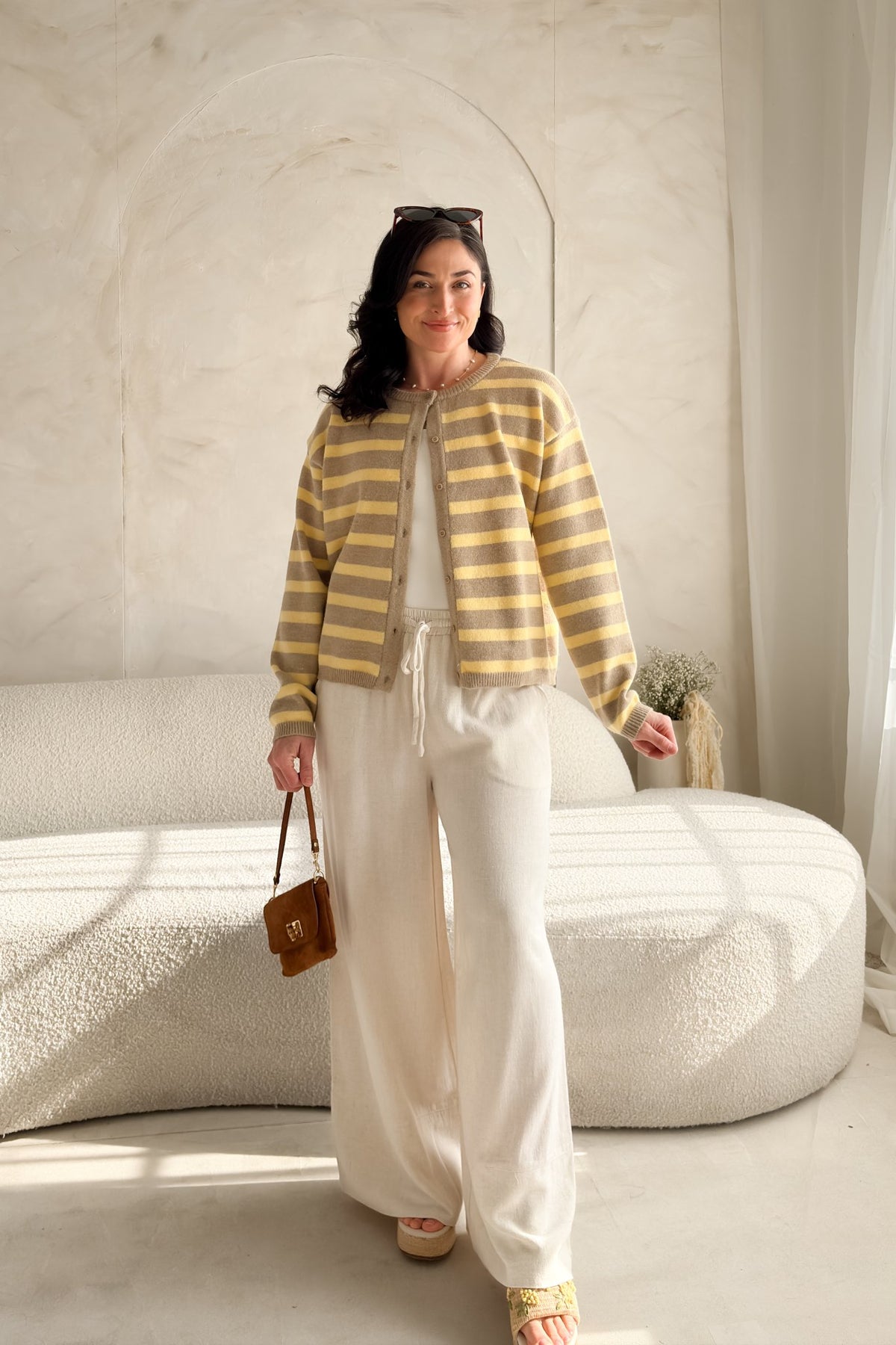 Women’s Yellow Stripe Knit Cardigan – Taupe