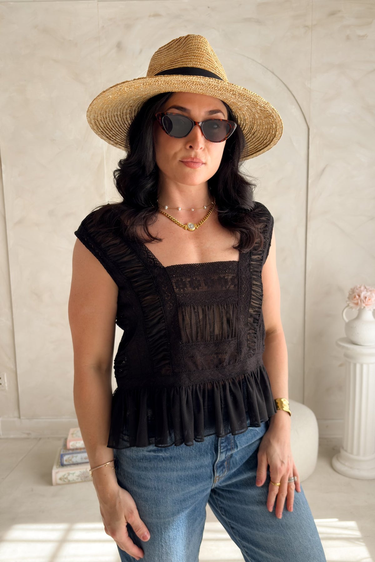 Women’s Black Lace Ruffle Peplum Top