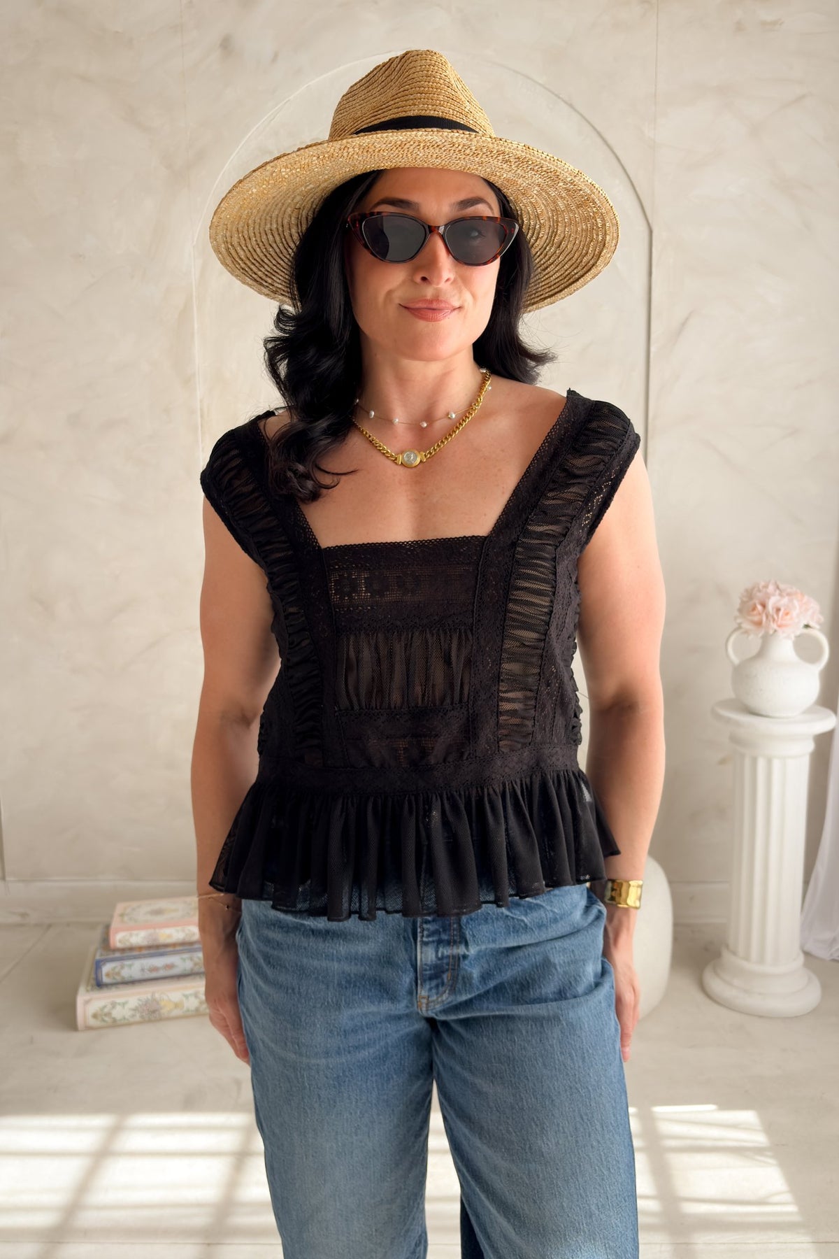 Women’s Black Lace Ruffle Peplum Top