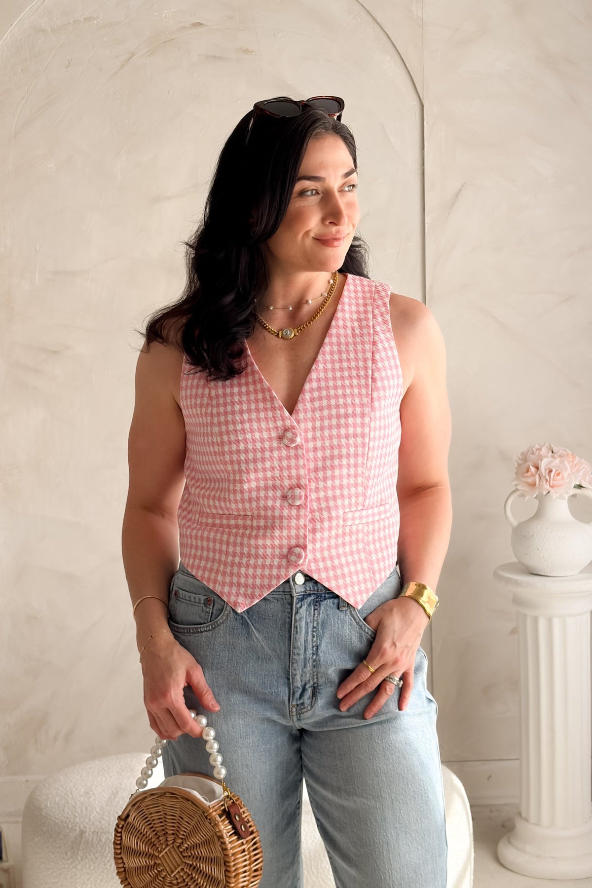 Women's Pink Gingham Vest Top - Button Front Tailored Fit