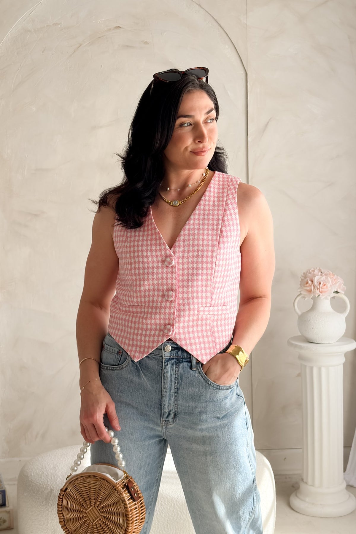 Women's Pink Gingham Vest Top - Button Front Tailored Fit