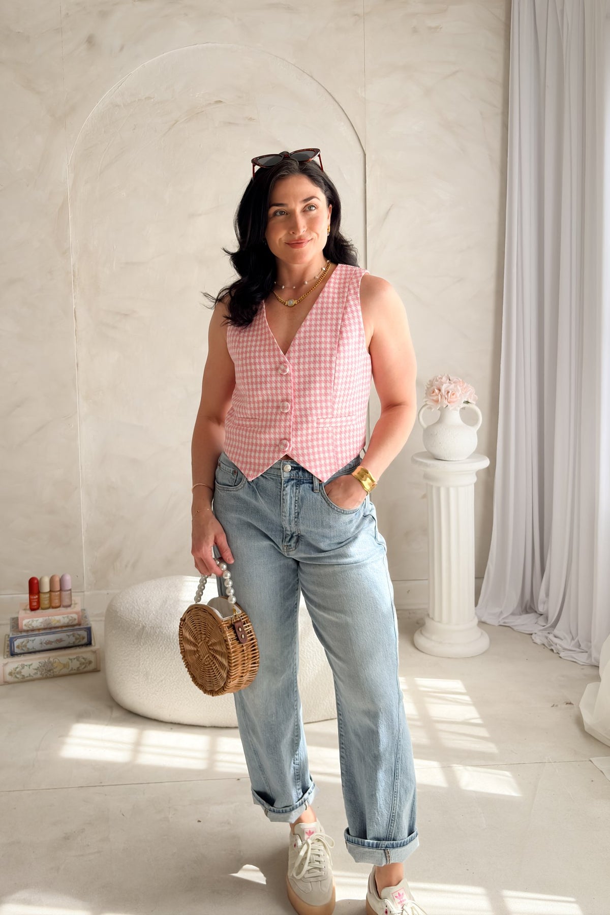 Women's Pink Gingham Vest Top - Button Front Tailored Fit