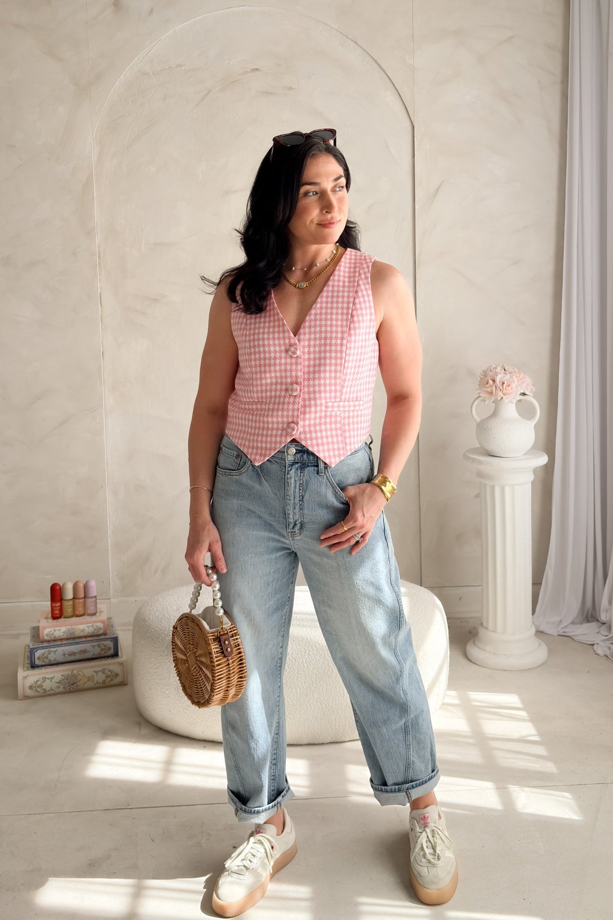 Women's Pink Gingham Vest Top - Button Front Tailored Fit