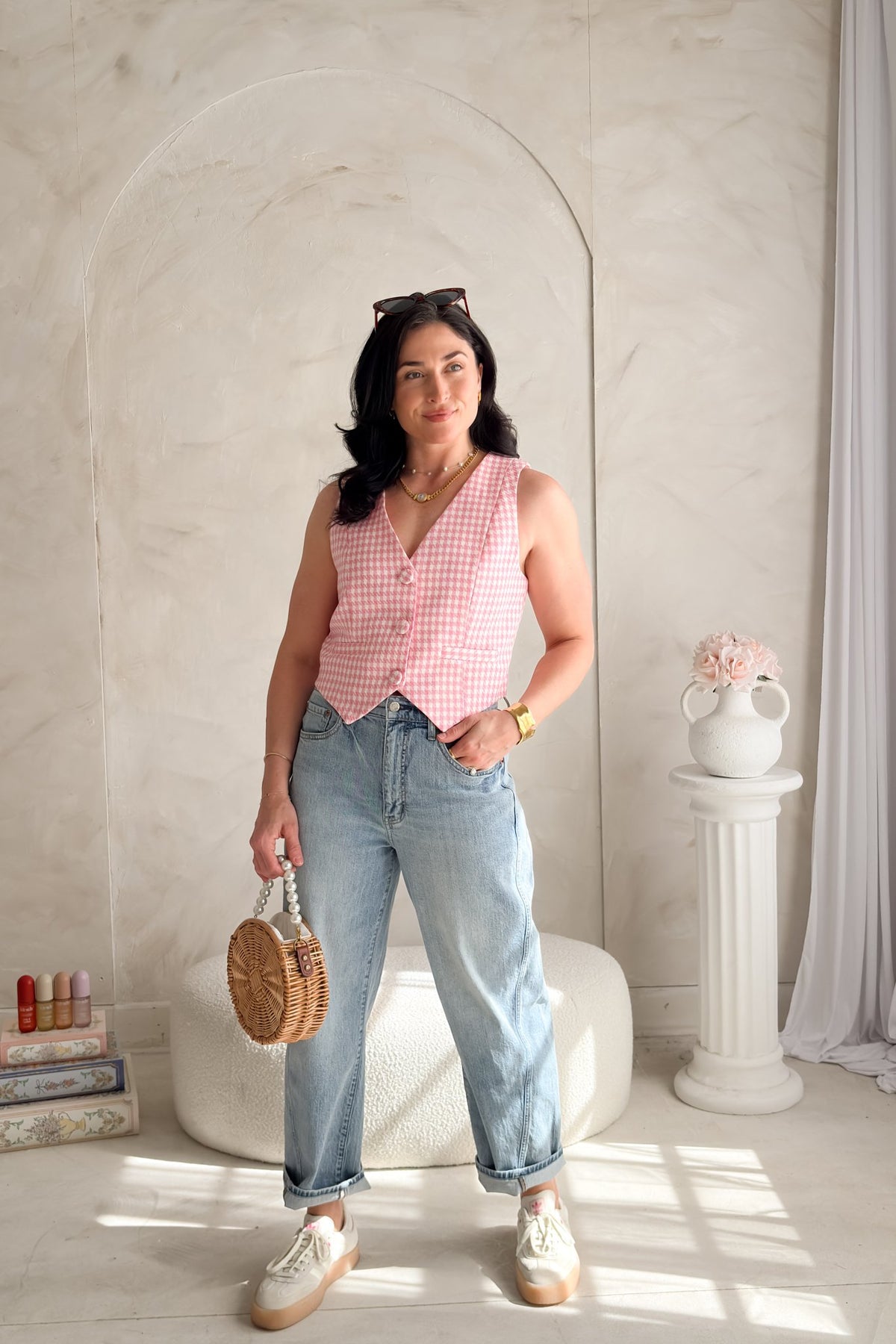 Women's Pink Gingham Vest Top - Button Front Tailored Fit