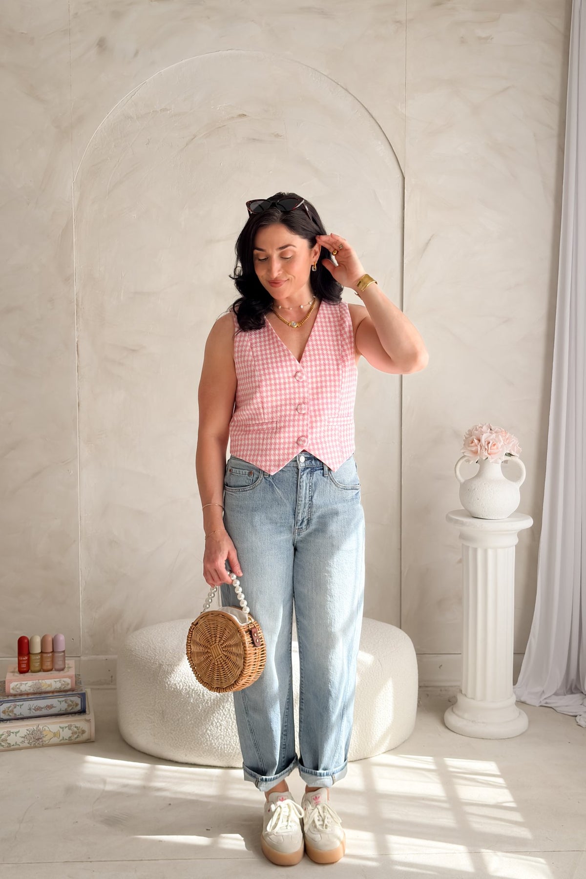 Women's Pink Gingham Vest Top - Button Front Tailored Fit