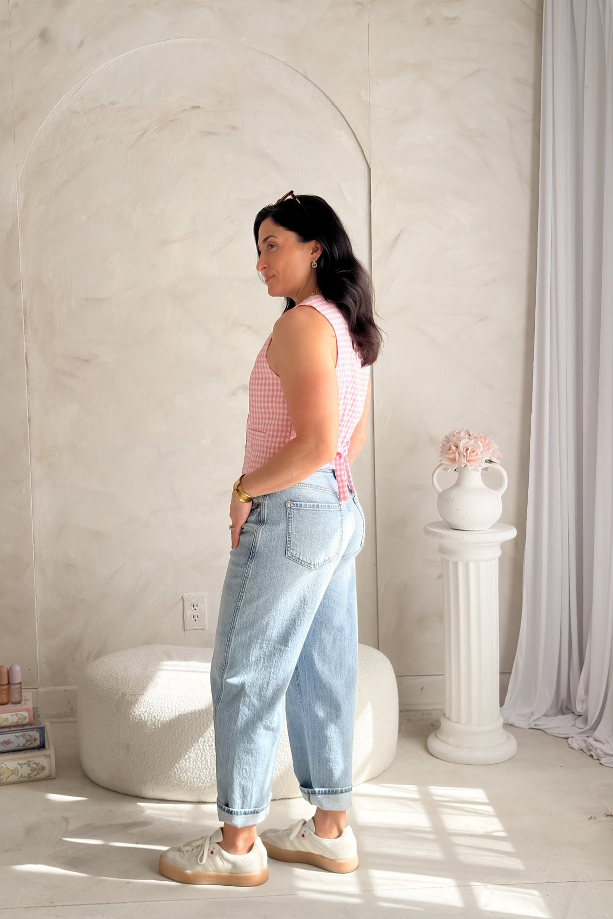 Women's Pink Gingham Vest Top - Button Front Tailored Fit