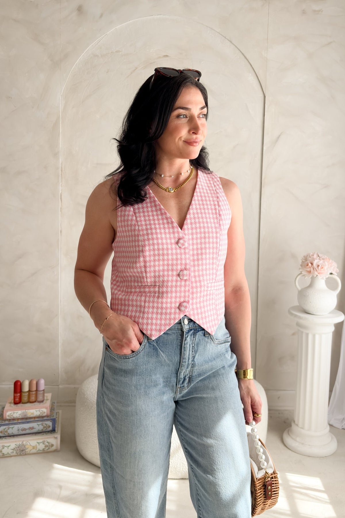 Women's Pink Gingham Vest Top - Button Front Tailored Fit