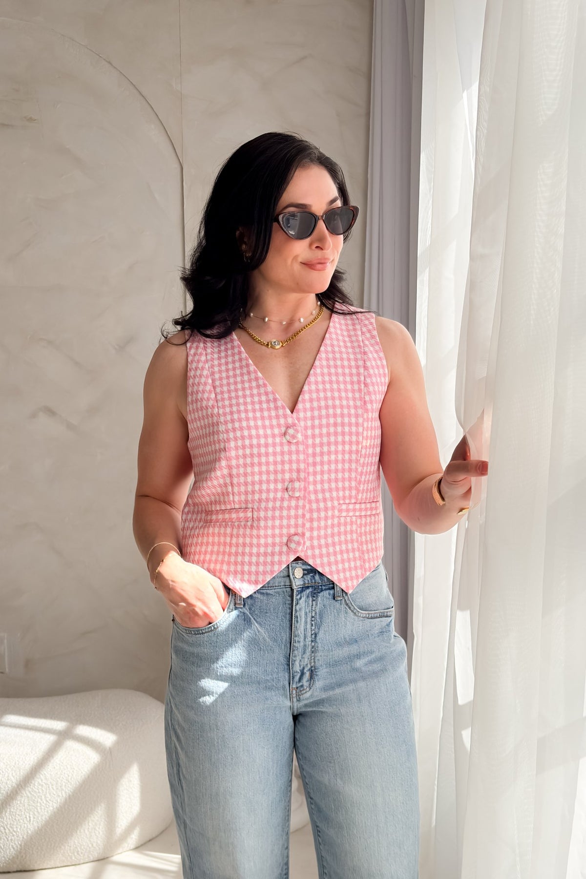 Women's Pink Gingham Vest Top - Button Front Tailored Fit