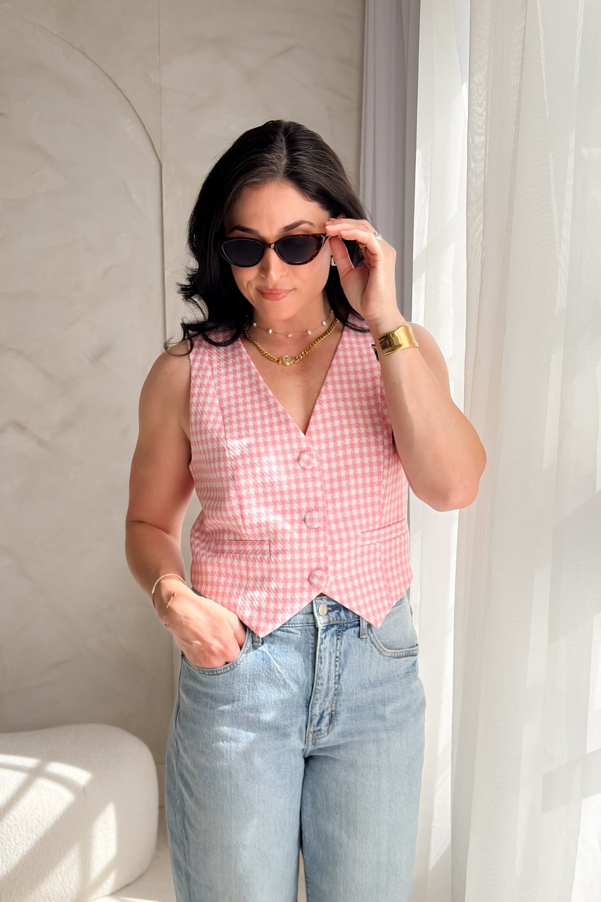 Women's Pink Gingham Vest Top - Button Front Tailored Fit