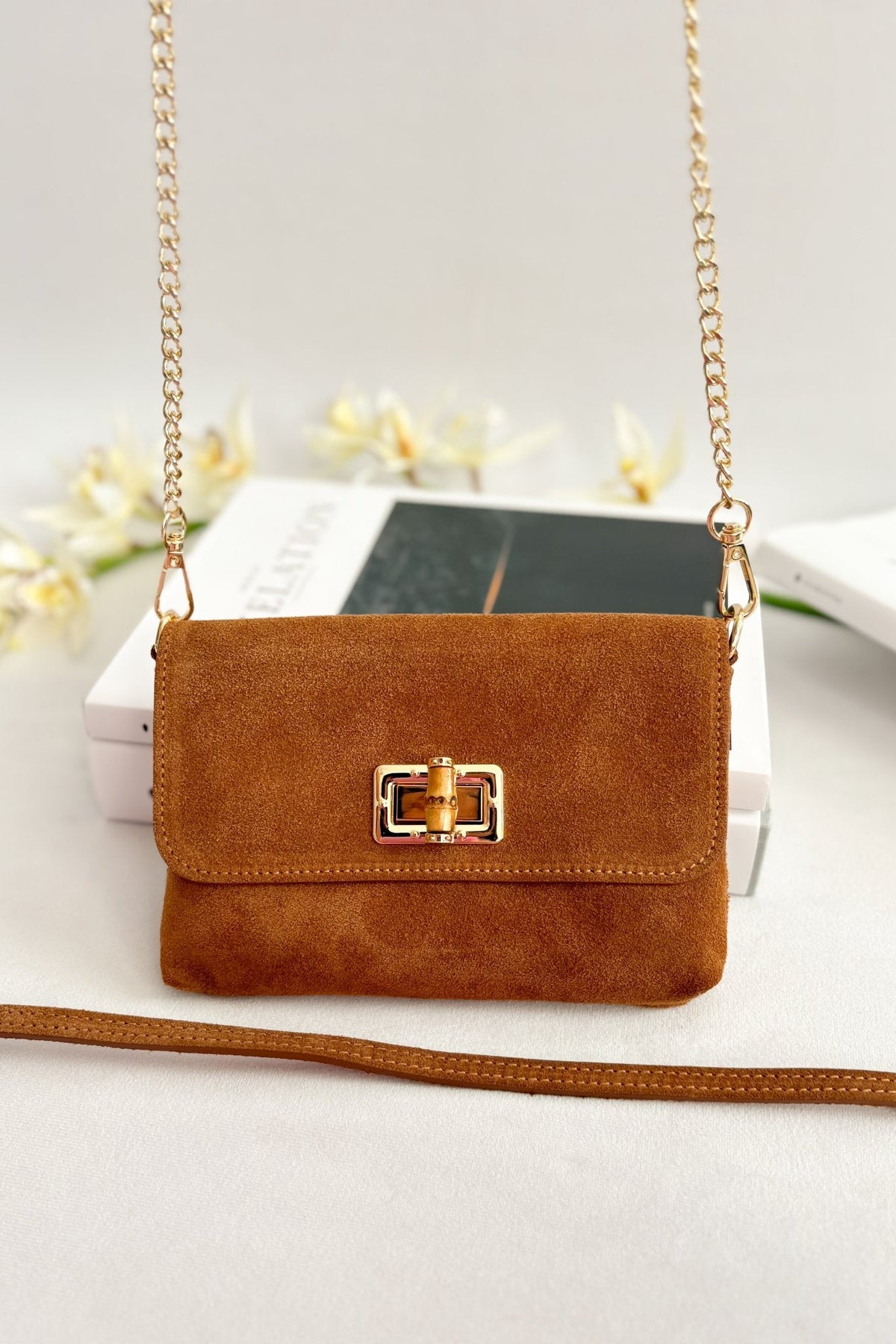 Italian Suede Bamboo - Detail Crossbody Bag – Cognac - Women&#39;s Handbag - Blooming Daily