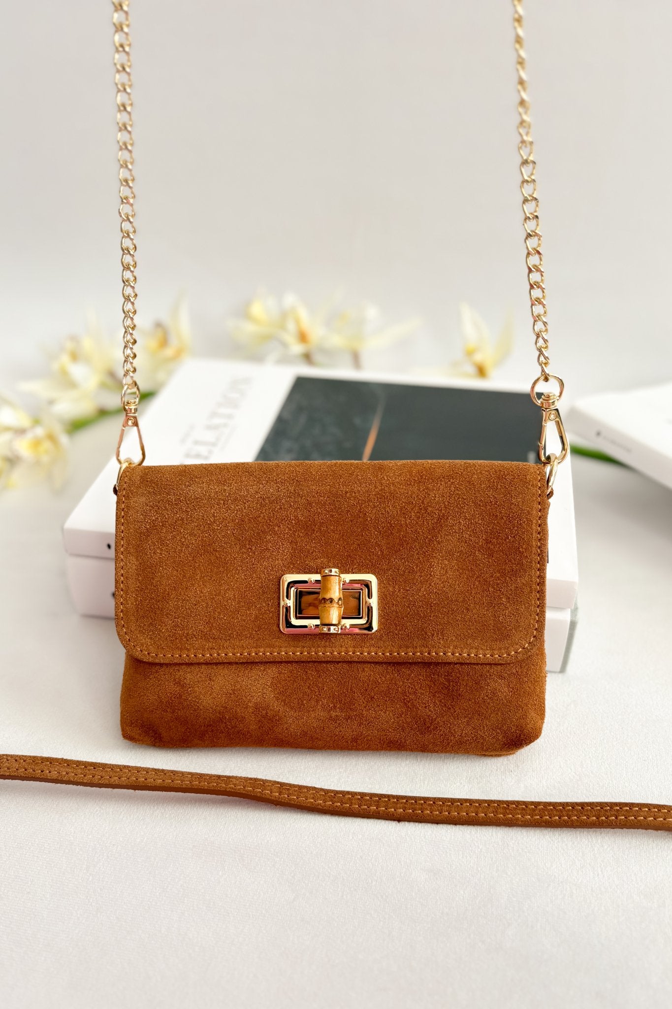Italian Suede Bamboo - Detail Crossbody Bag – Cognac - Women's Handbag - Blooming Daily