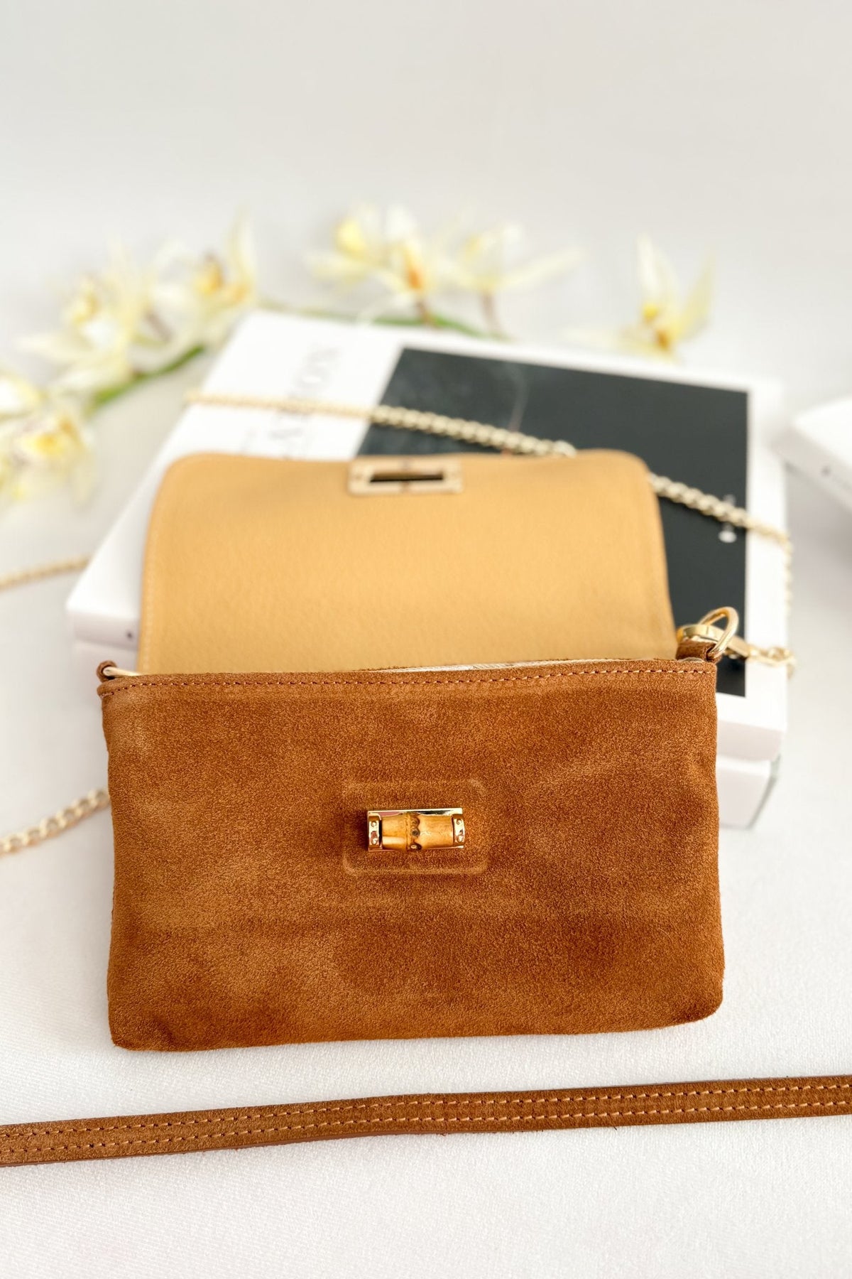Italian Suede Bamboo - Detail Crossbody Bag – Cognac - Women&#39;s Handbag - Blooming Daily