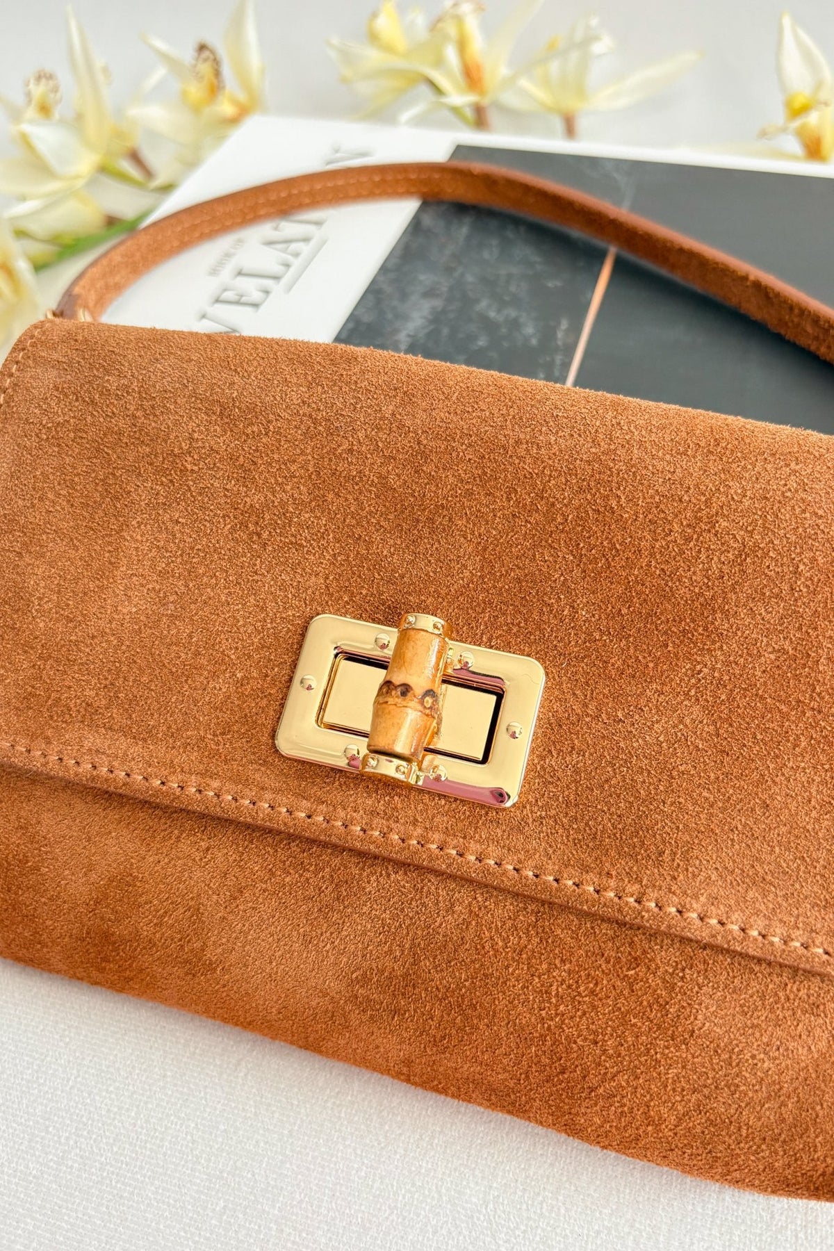 Italian Suede Bamboo - Detail Crossbody Bag – Cognac - Women&#39;s Handbag - Blooming Daily