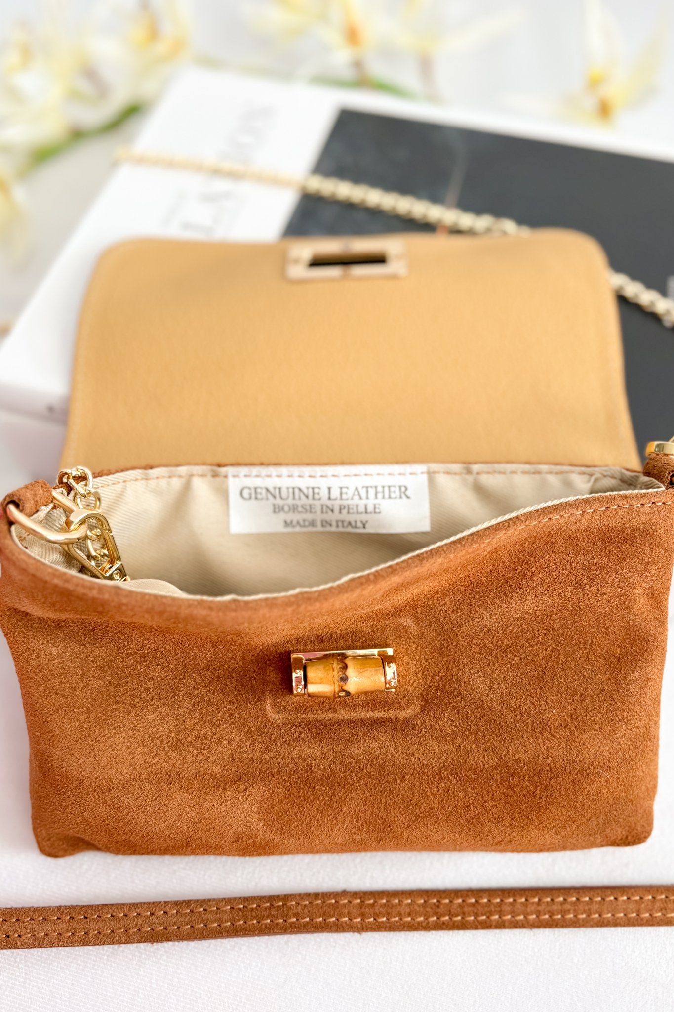 Italian Suede Bamboo - Detail Crossbody Bag – Cognac - Women's Handbag - Blooming Daily