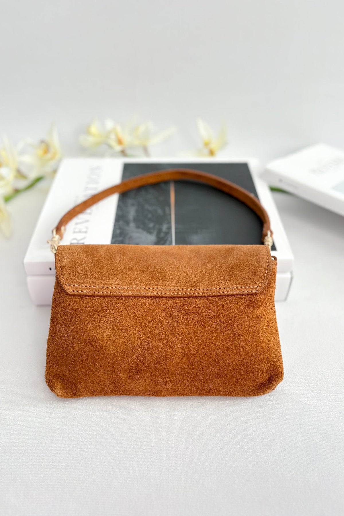 Italian Suede Bamboo - Detail Crossbody Bag – Cognac - Women&#39;s Handbag - Blooming Daily