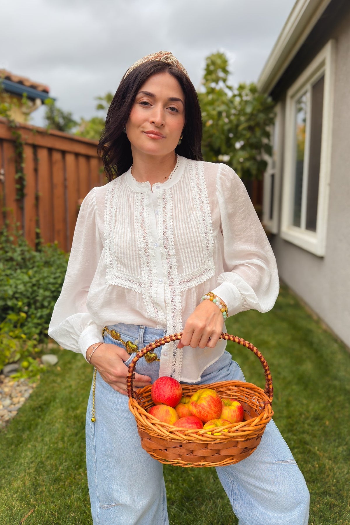 White lace trim button down blouse with gathered bishop sleeves and relaxed fit