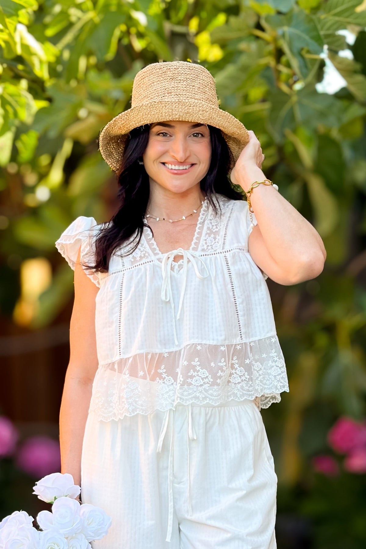 Ivory Gingham Lace Trim Top - Women's Shirts & Tops - Blooming Daily