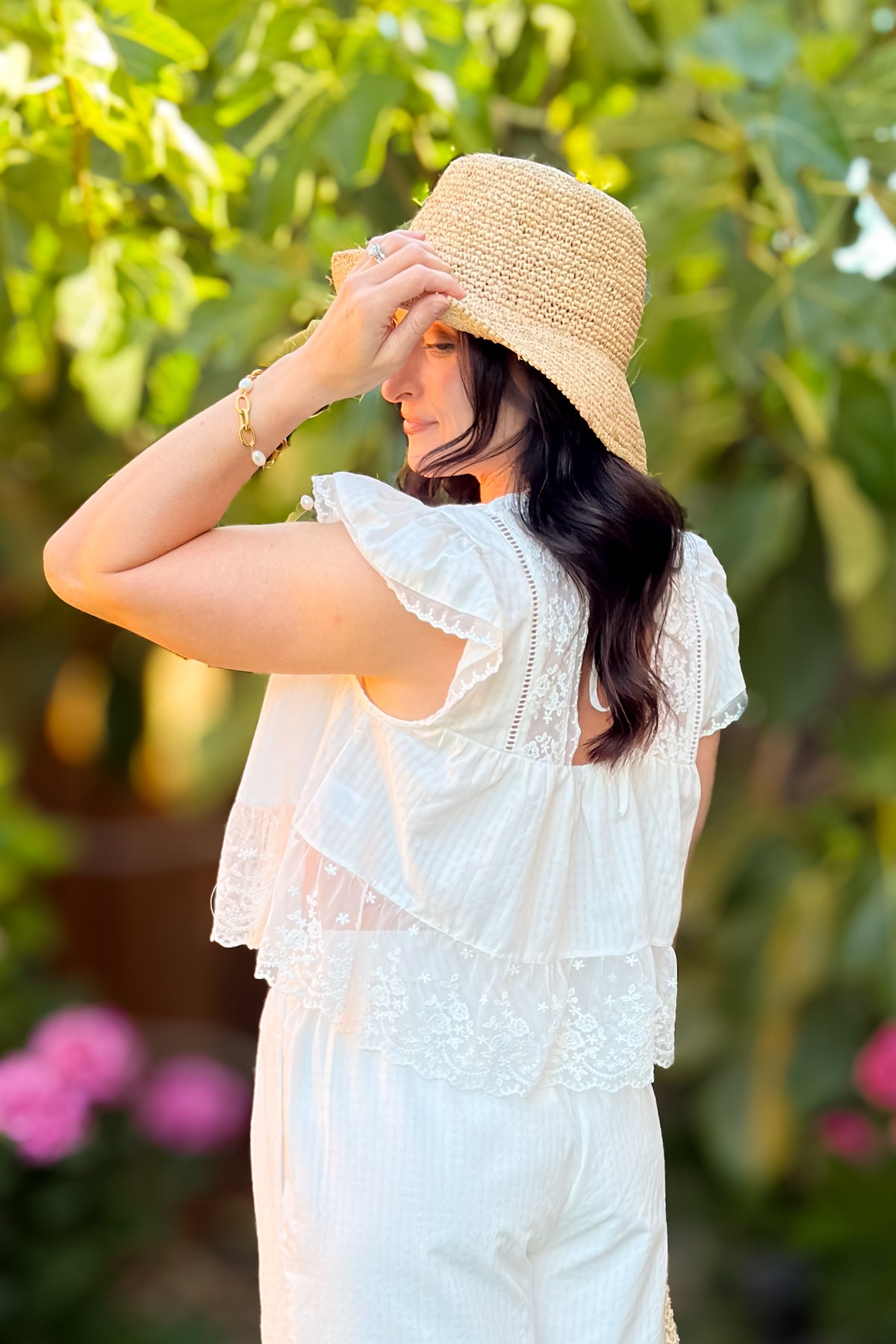 Ivory gingham lace trim top featuring ladder lace inlays, floral lace accents, and lightweight textured fabric.