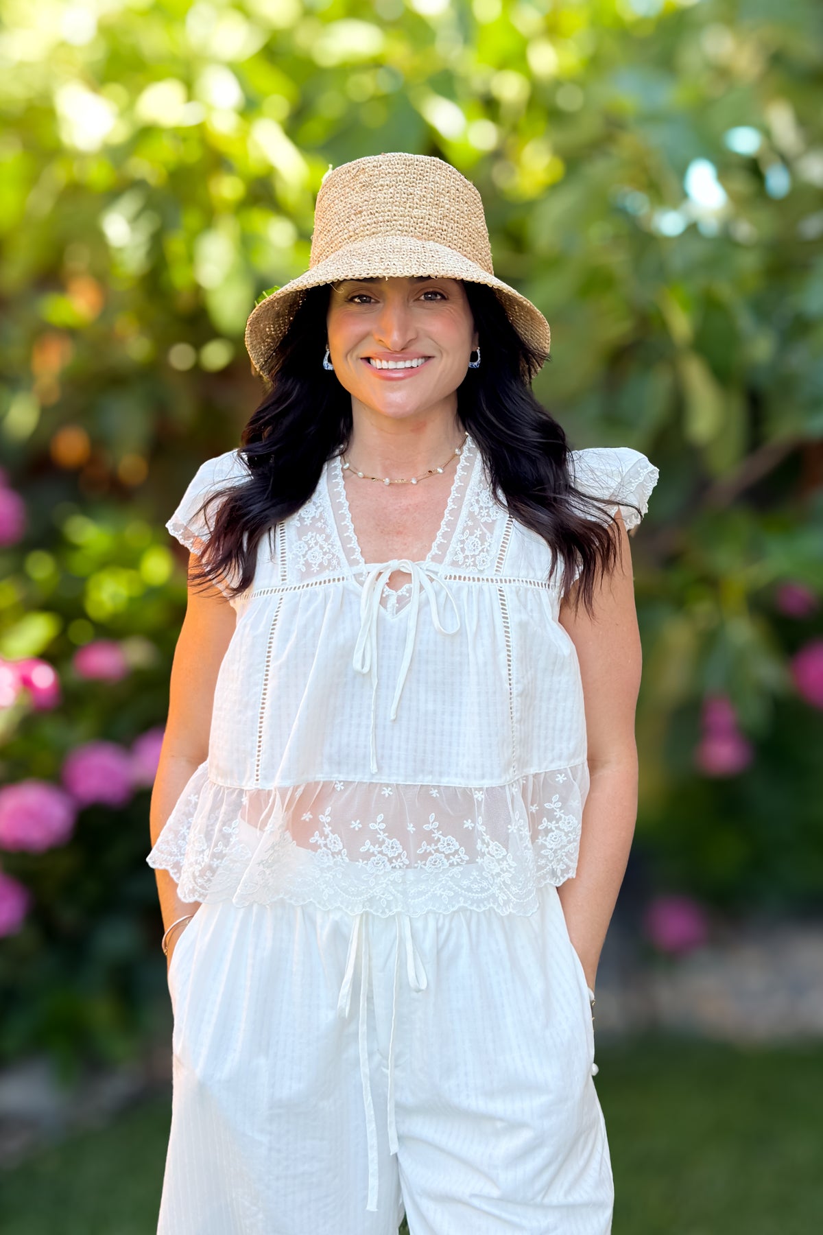 Ivory lace trim top paired with matching lace pants, featuring breathable gingham fabric and vintage-inspired details.