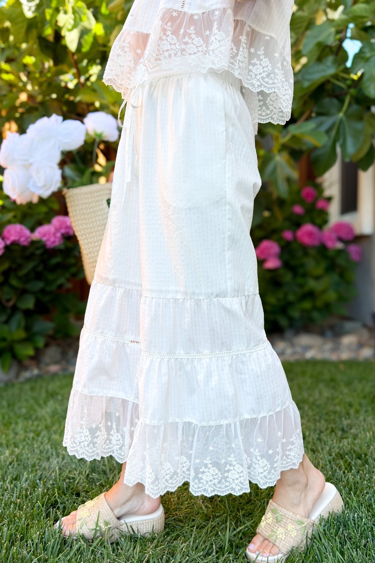 Ivory Lace Hem Wide Leg Pants - Women's Pants - Blooming Daily
