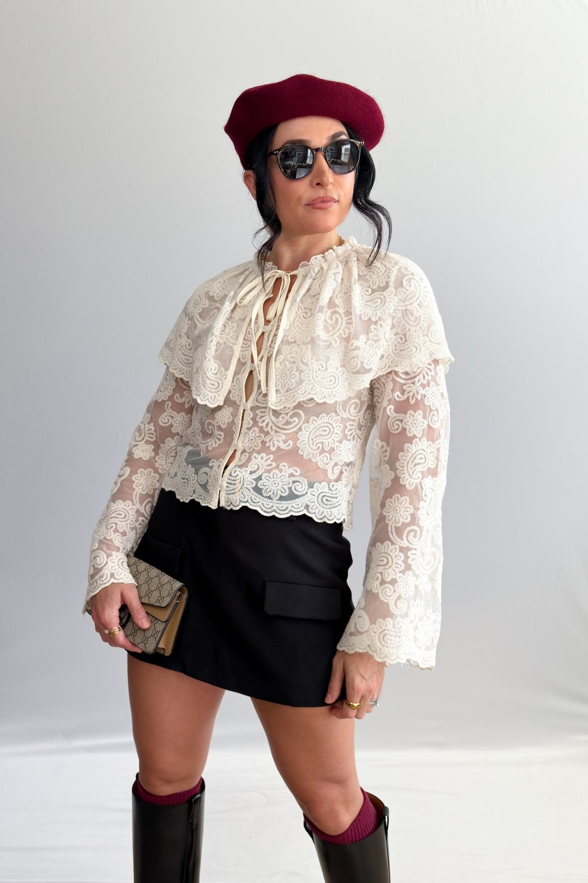 Ivory Lace Tie - Neck Blouse with Capelet - Women's Shirts & Tops - Blooming Daily