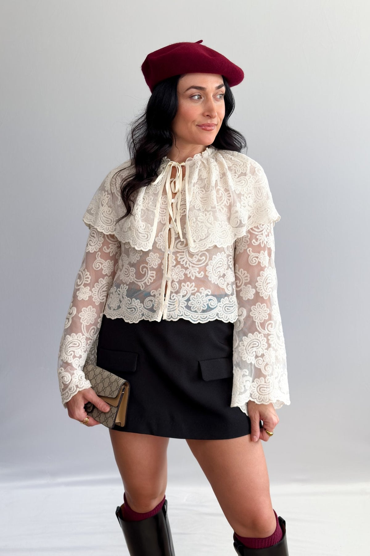 Ivory Lace Tie - Neck Blouse with Capelet - Women's Shirts & Tops - Blooming Daily