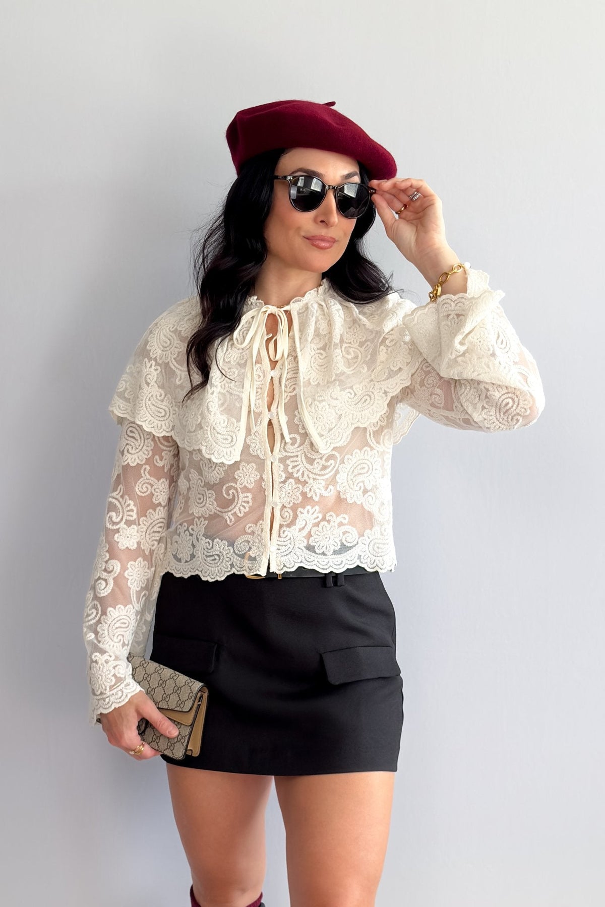 Ivory Lace Tie - Neck Blouse with Capelet - Women's Shirts & Tops - Blooming Daily