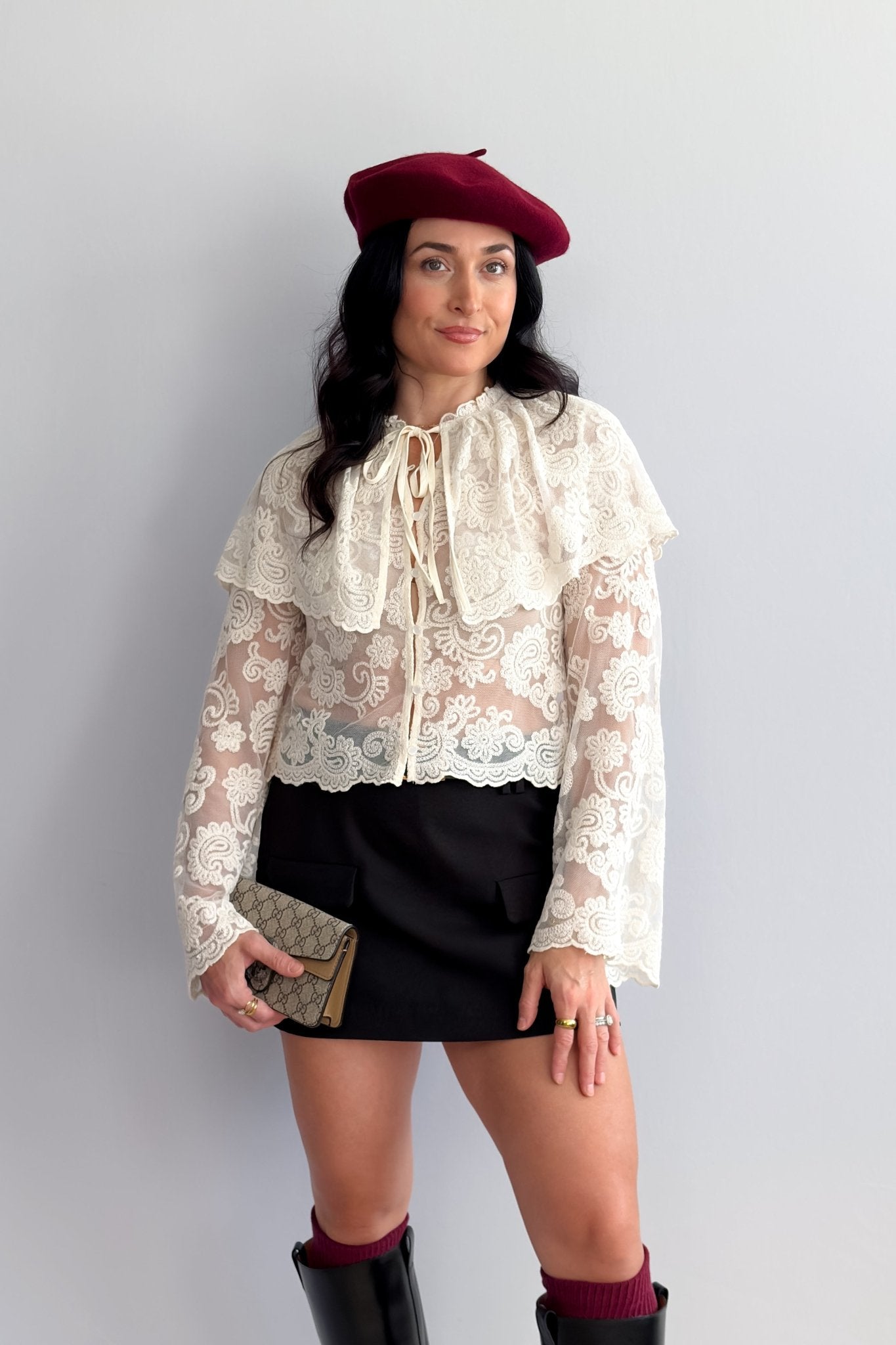 Ivory Lace Tie - Neck Blouse with Capelet - Women's Shirts & Tops - Blooming Daily