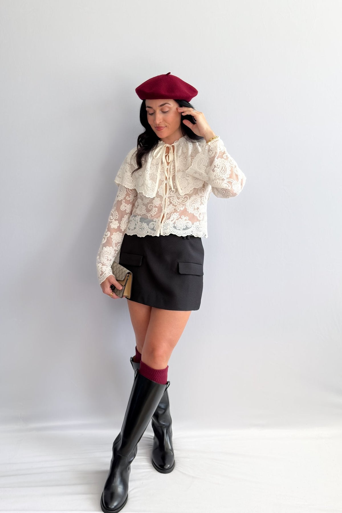 Ivory Lace Tie - Neck Blouse with Capelet - Women's Shirts & Tops - Blooming Daily