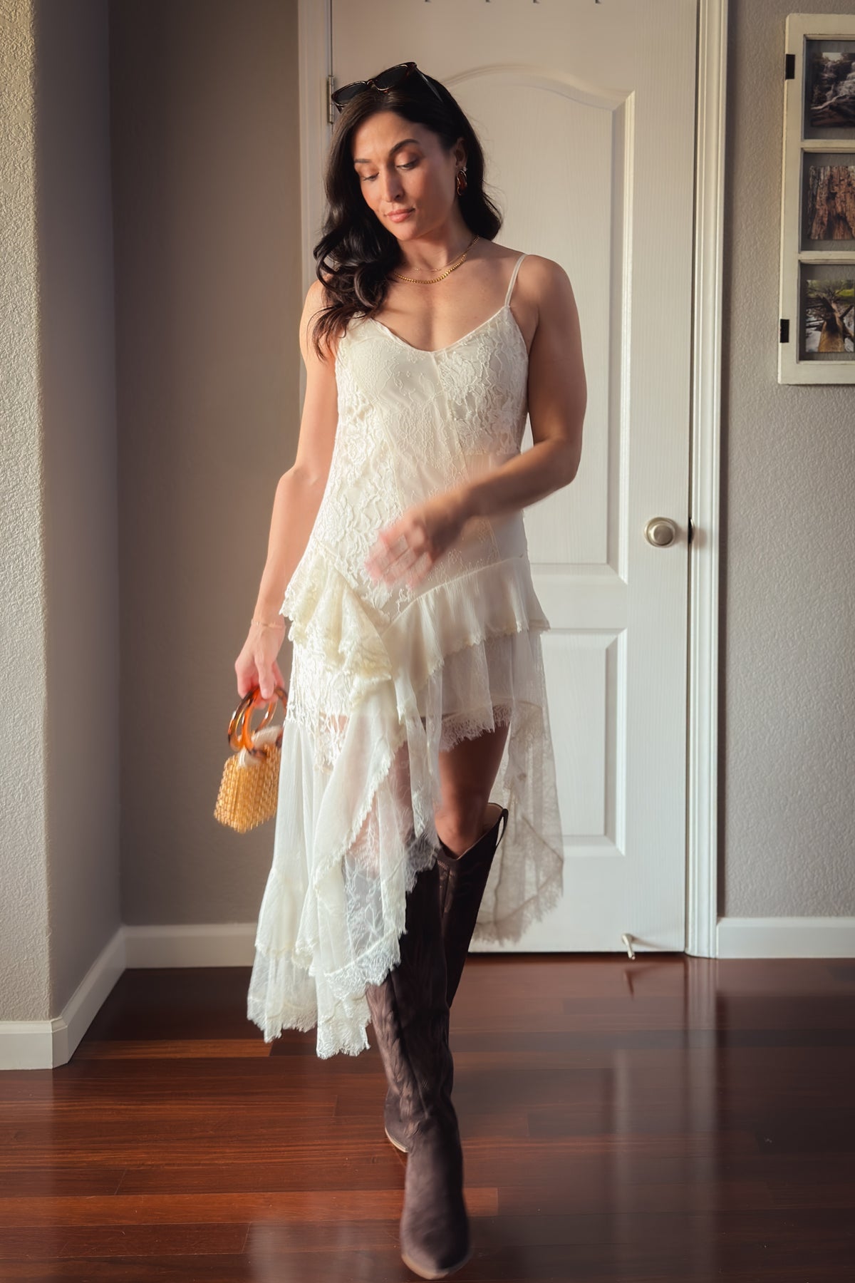Romantic ivory slip dress with lace detailing and soft lightweight layered skirt