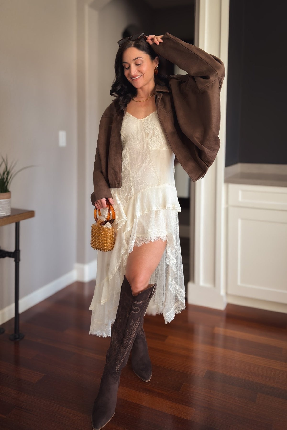 Lightweight ivory lace slip dress styled as a feminine fall layering outfit